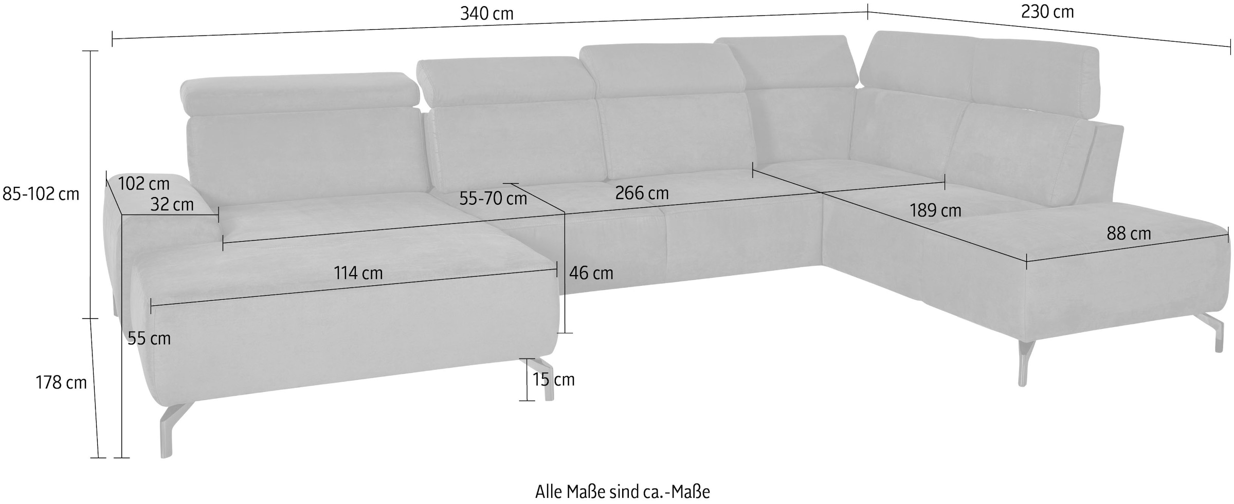 sit&more Wohnlandschaft »Gizeh U-Form« 15 cm Fusshöhe, inklusive Sitztiefenverstellung und Kopfteilverstellung