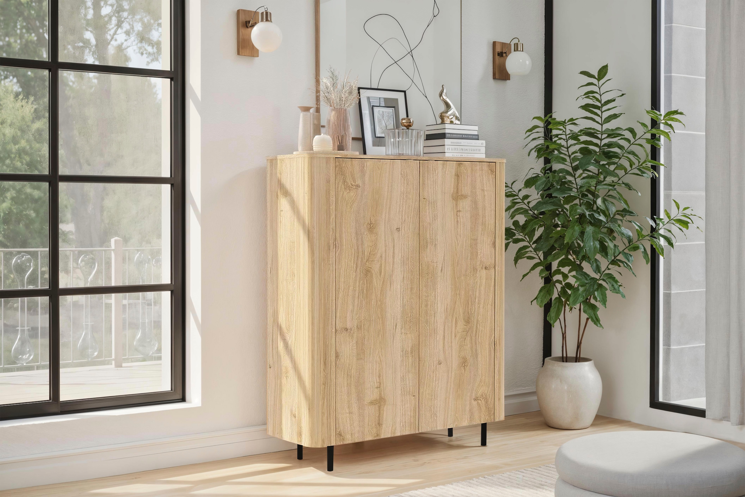 Home affaire Buffet haut »Murano, B/H 131/154 cm, 2 Türen, Stauraumschrank, Hochkommode« Formgebogenes MDF, Stirnseiten mit Rundung, Füsse und Griffe aus Metall