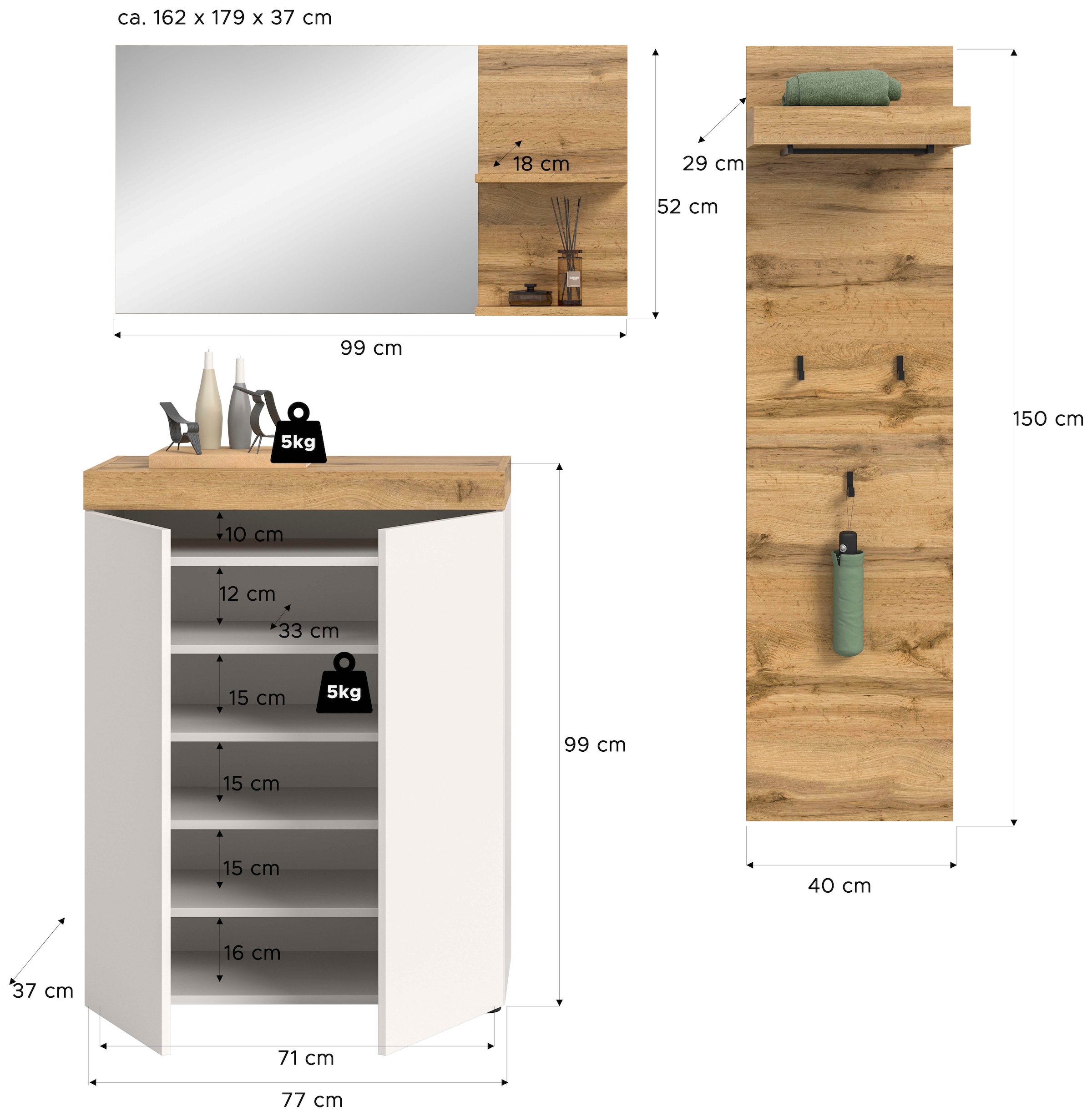 GOODproduct Ensemble de vestiaires »MAMBO, TOPSELLER!, 3-teilige Kombination, stehend & hängend montierbar« bestehend aus: Kommode, Spiegel, Garderobenpaneel, 3 cuis tlg.