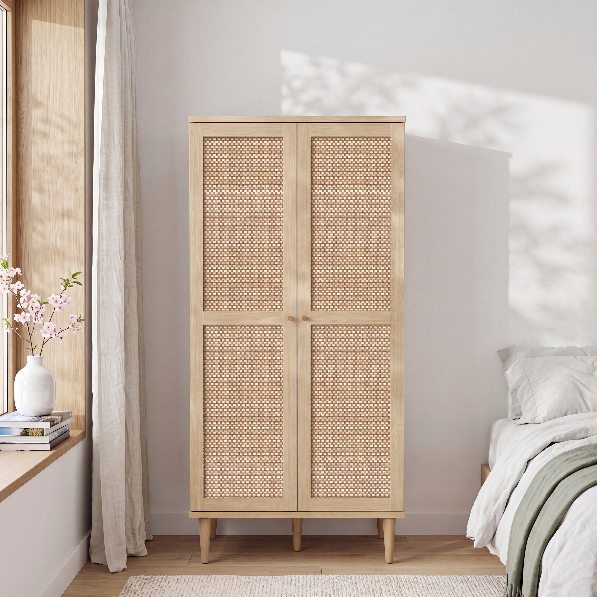 GOODproduct Kleiderschrank »ELLIAN, Kinderzimmerschrank, Rattan, Wiener Geflecht, 80cm breit« Boho-Stil, Holzfüsse, Metallgriffe, Made in EU, viel Stauraum, FSC®