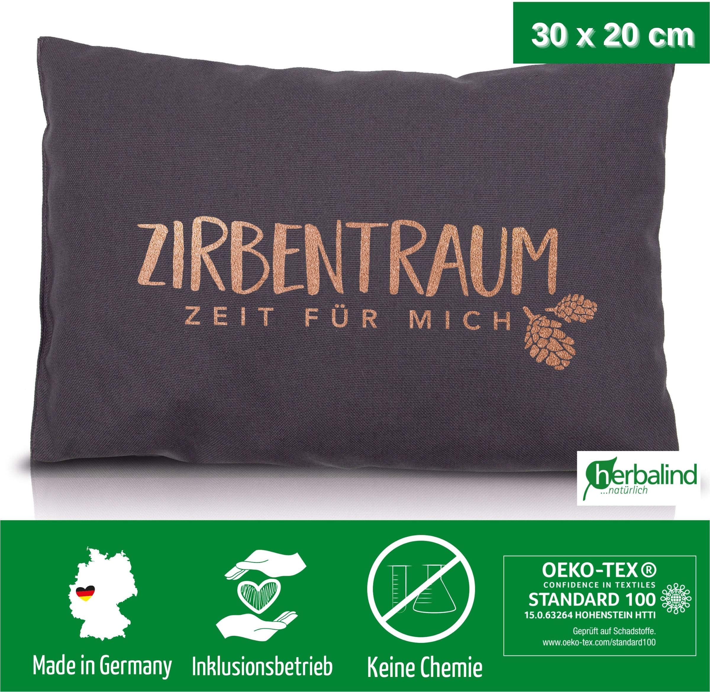 herbalind Oreiller en pin cembro »Zirbentraum in Anthrazit/Roségold 30x20 mit Reissverschluss - Gefüllt« mit hochwertigen Zirbenholzflocken 100% Baumwolle - Made in Germany