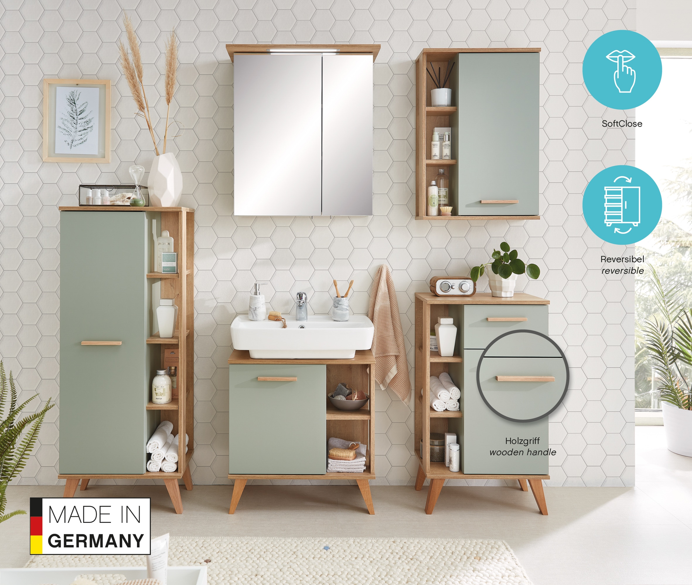Saphir Armoire sous lavabo »Quickset 963 Unterbeckenschrank, Salbei Nachbildung, 1 Tür« meuble sous lavabo avec amortisseur de porte, largeur 60,5 cm, sans lavabo