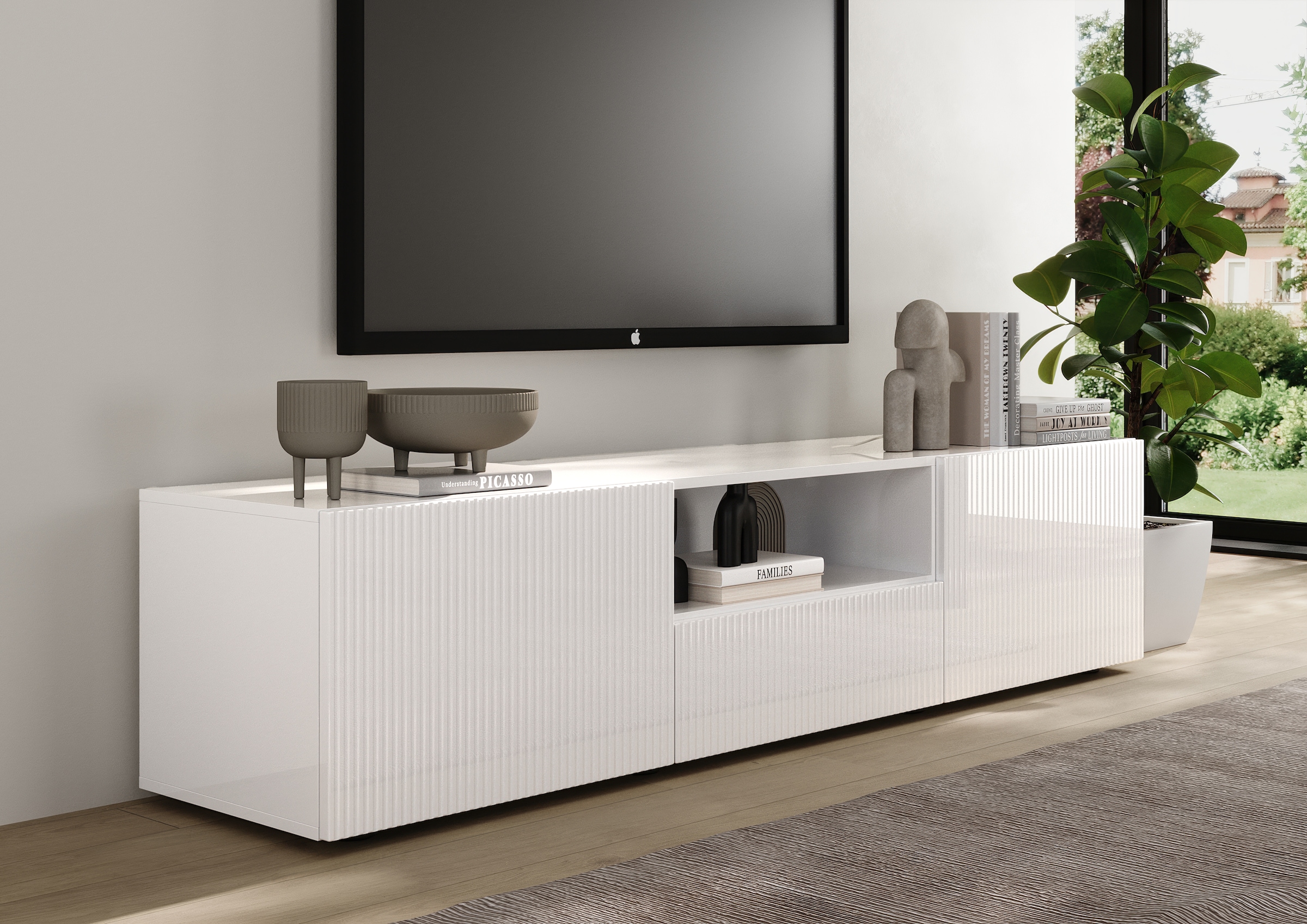 Home affaire Lowboard »Rio Breite 181 cm, TV-Board 2 Türen u. 1 Schubkasten, TV-Schrank« geriffelte MDF-Fronten, modern u. elegant, Kabelführung, viel Stauraum