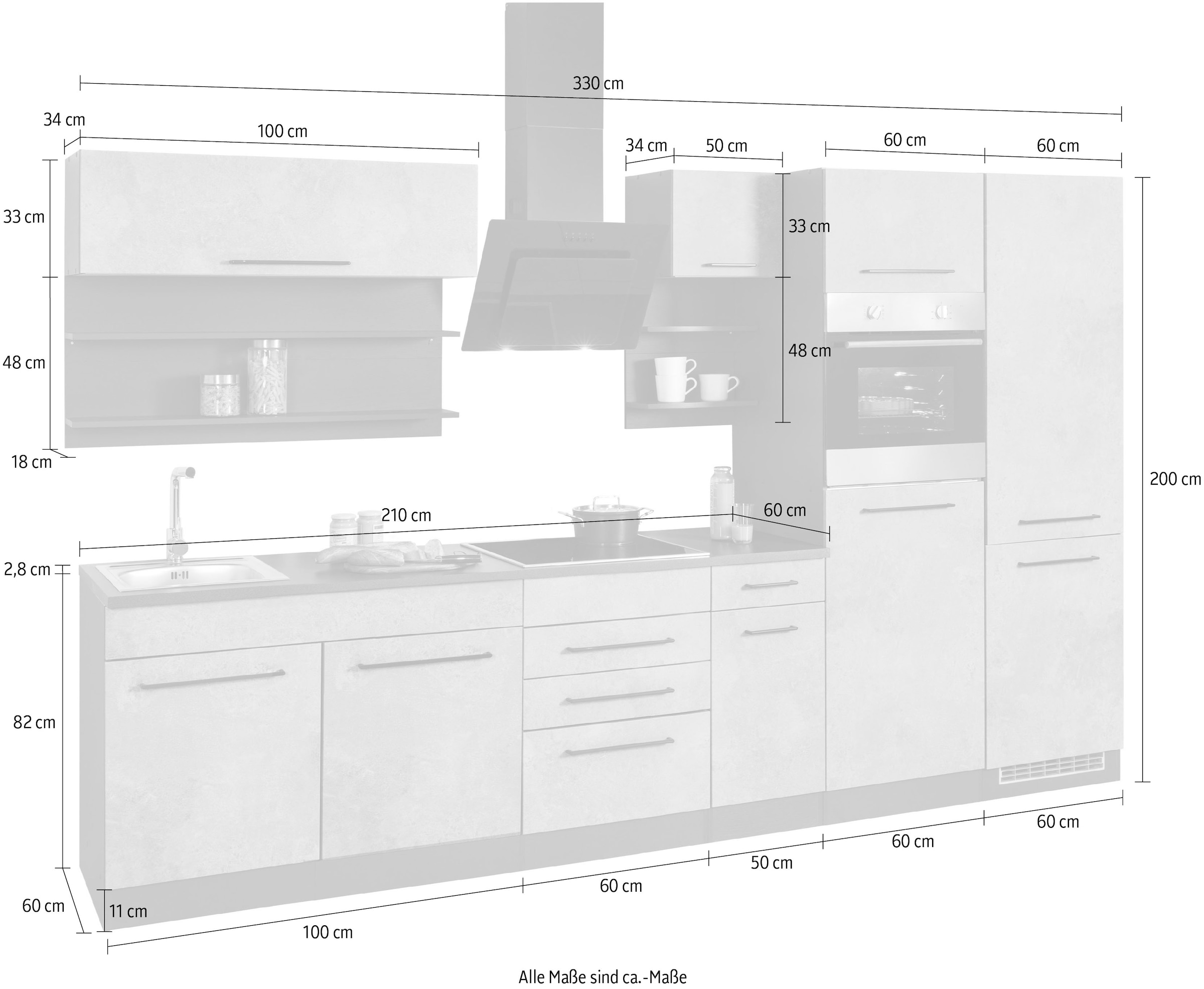 KOCHSTATION Küchenzeile »KS-Tulsa« ohne E-Geräte, Breite 330 cm, schwarze Metallgriffe, MDF Fronten
