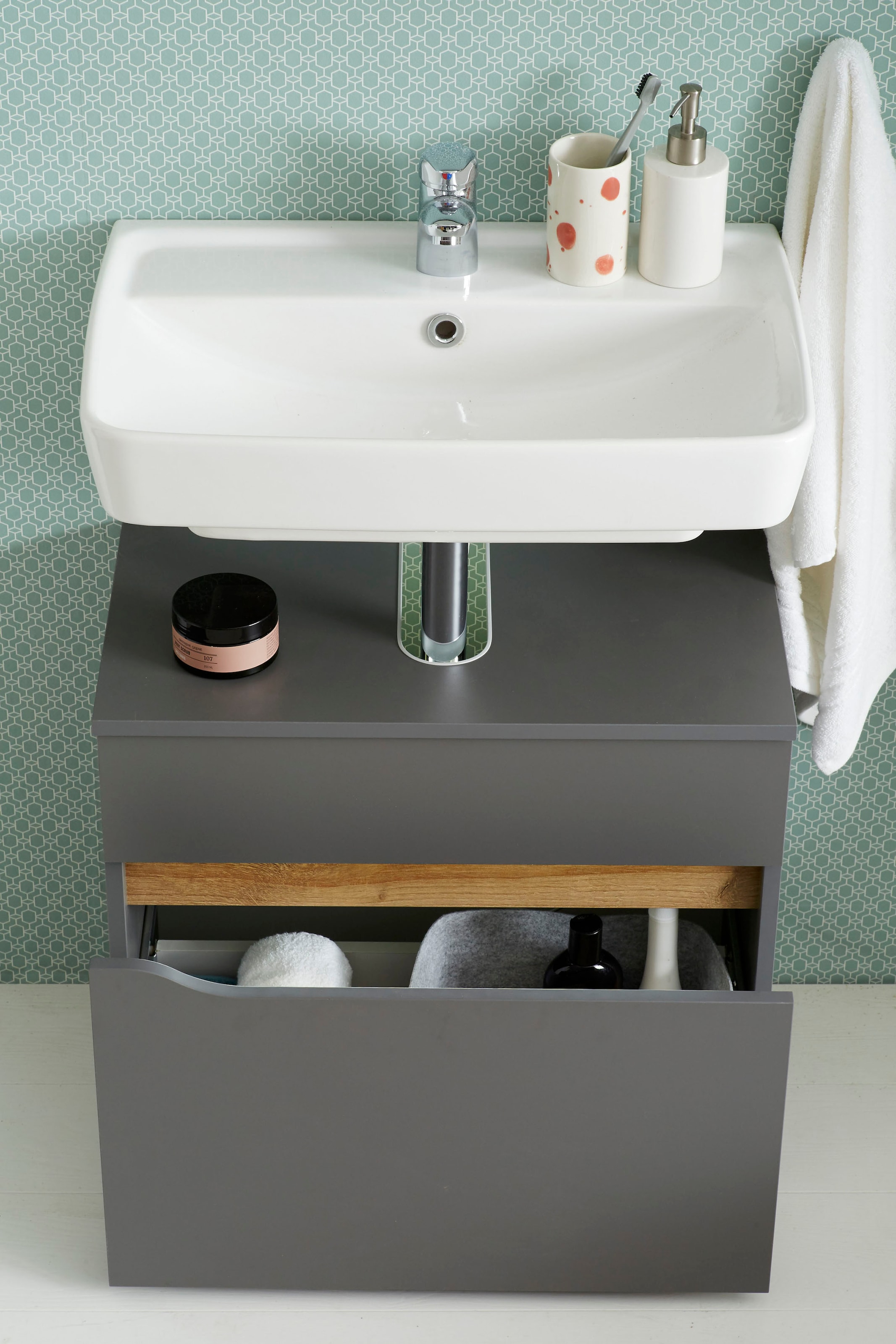 Saphir Armoire sous lavabo »Quickset Unterbeckenschrank, 60 cm breit, 1 Schublade« meuble sous-lavabo avec découpe siphon, sans lavabo, sans poignées