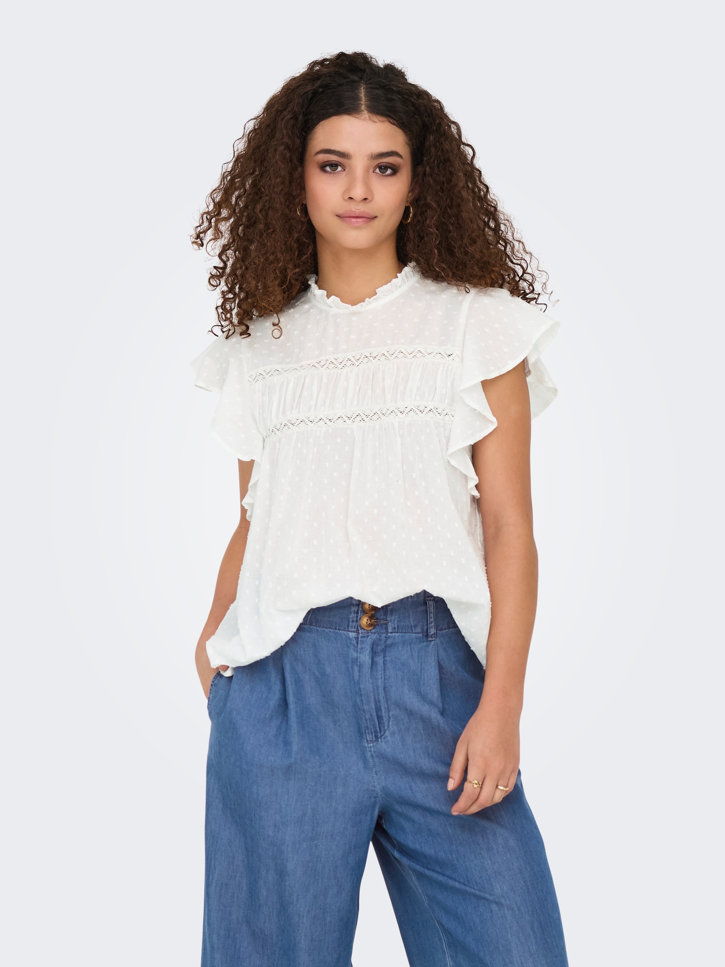 ONLY Top à volants »ONLKATTI S/S DOBBY TOP WVN NOOS« coton, coupe régulière