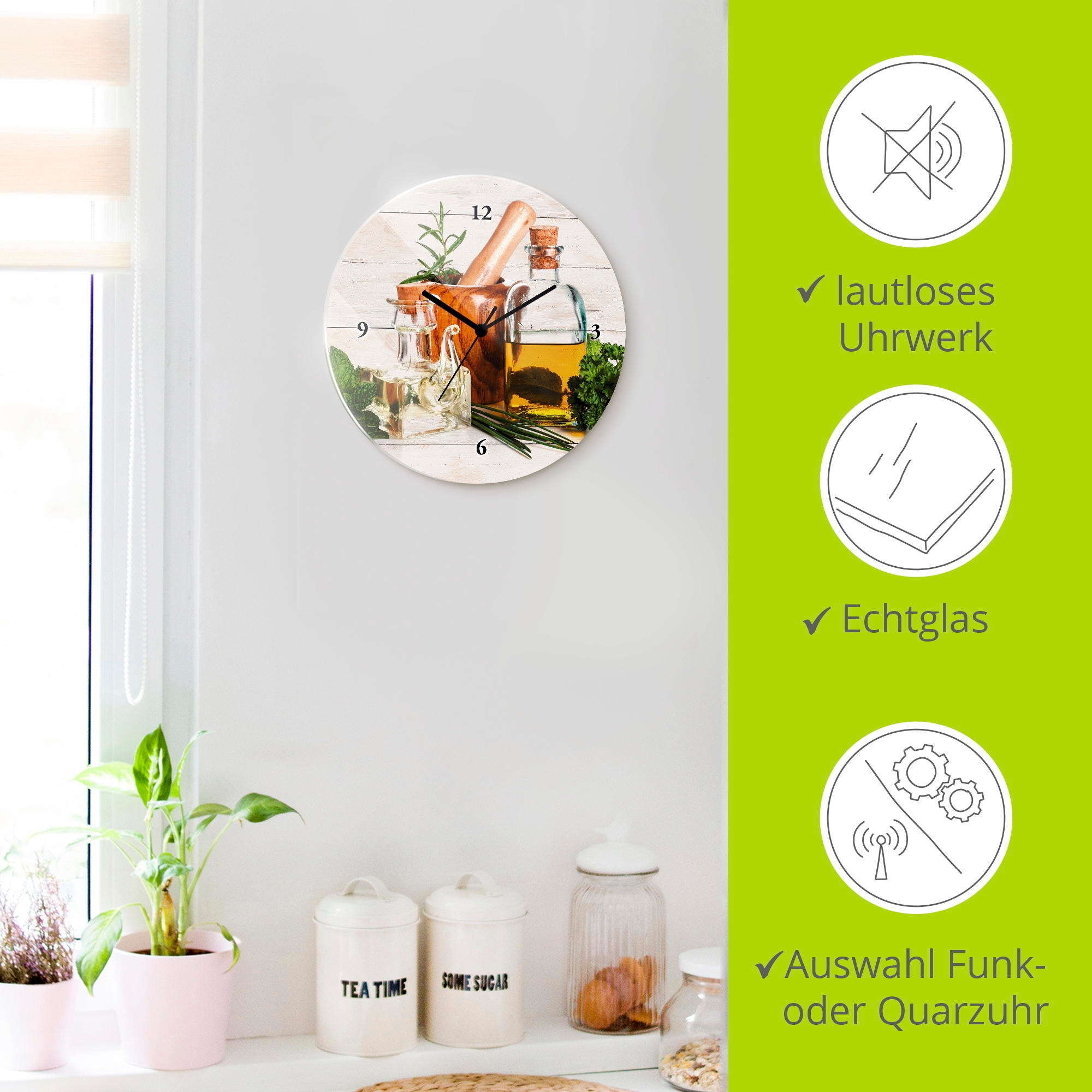 Artland Wanduhr »Olivenöl und Kräuter - Küche« wahlweise mit  Quarz- oder Funkuhrwerk, lautlos ohne Tickgeräusche