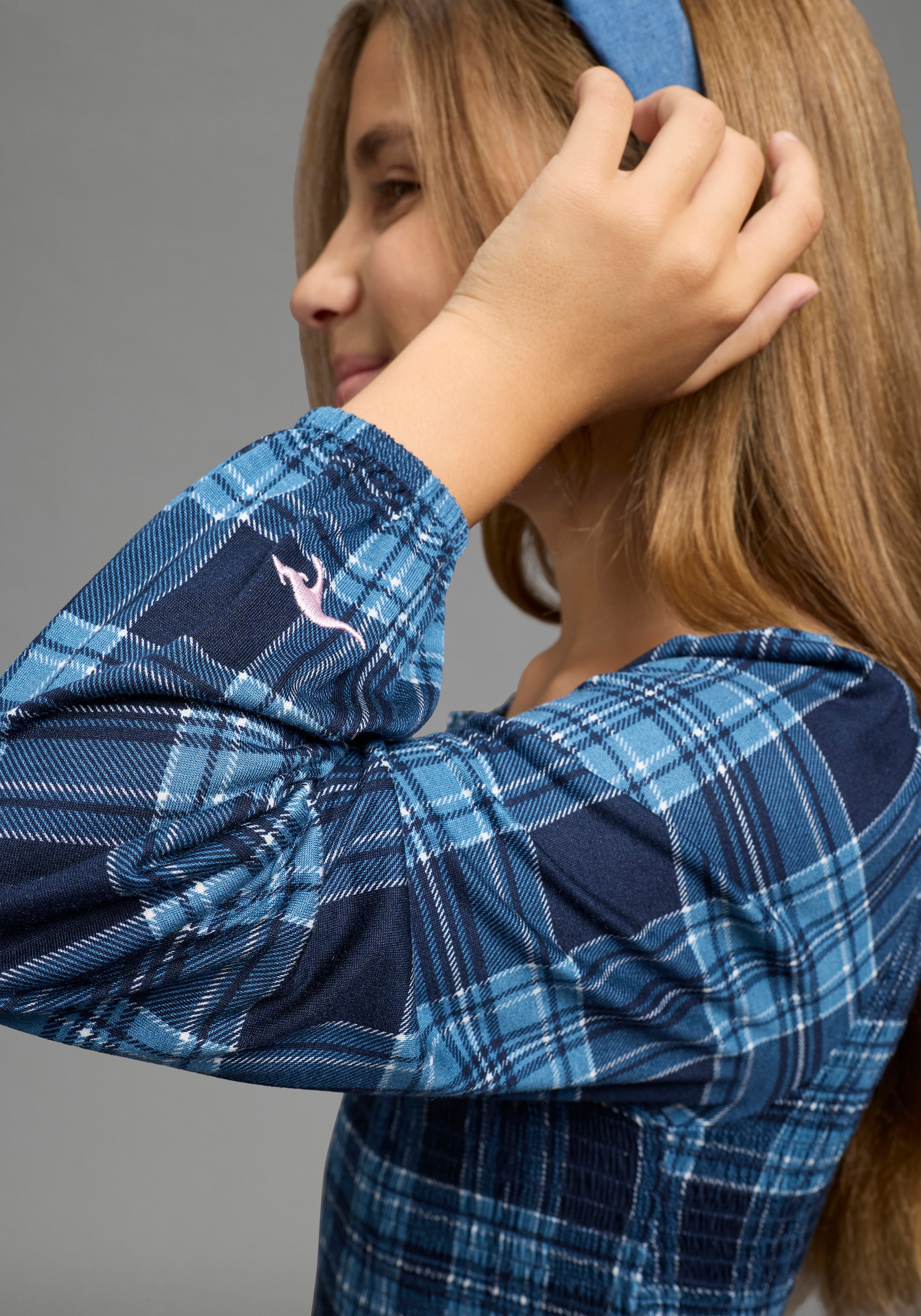 KangaROOS T-shirt à manches longues »Kariertes KangaROOS Viskose-Shirt mit Smoke-Partie« T-shirt en viscose doux avec manches bouffantes, à carreaux, bas smocké