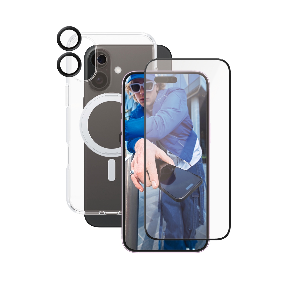 CARE by PanzerGlass Verre de protection d'écran »3-in-1 Protection, Ceramic Glass, Kickstand Case, Lens Cover« für Apple iPhone 16 Plus Displayschutzfolie, Schutzfolie, Bildschirmschutz, kratz- & stossfest