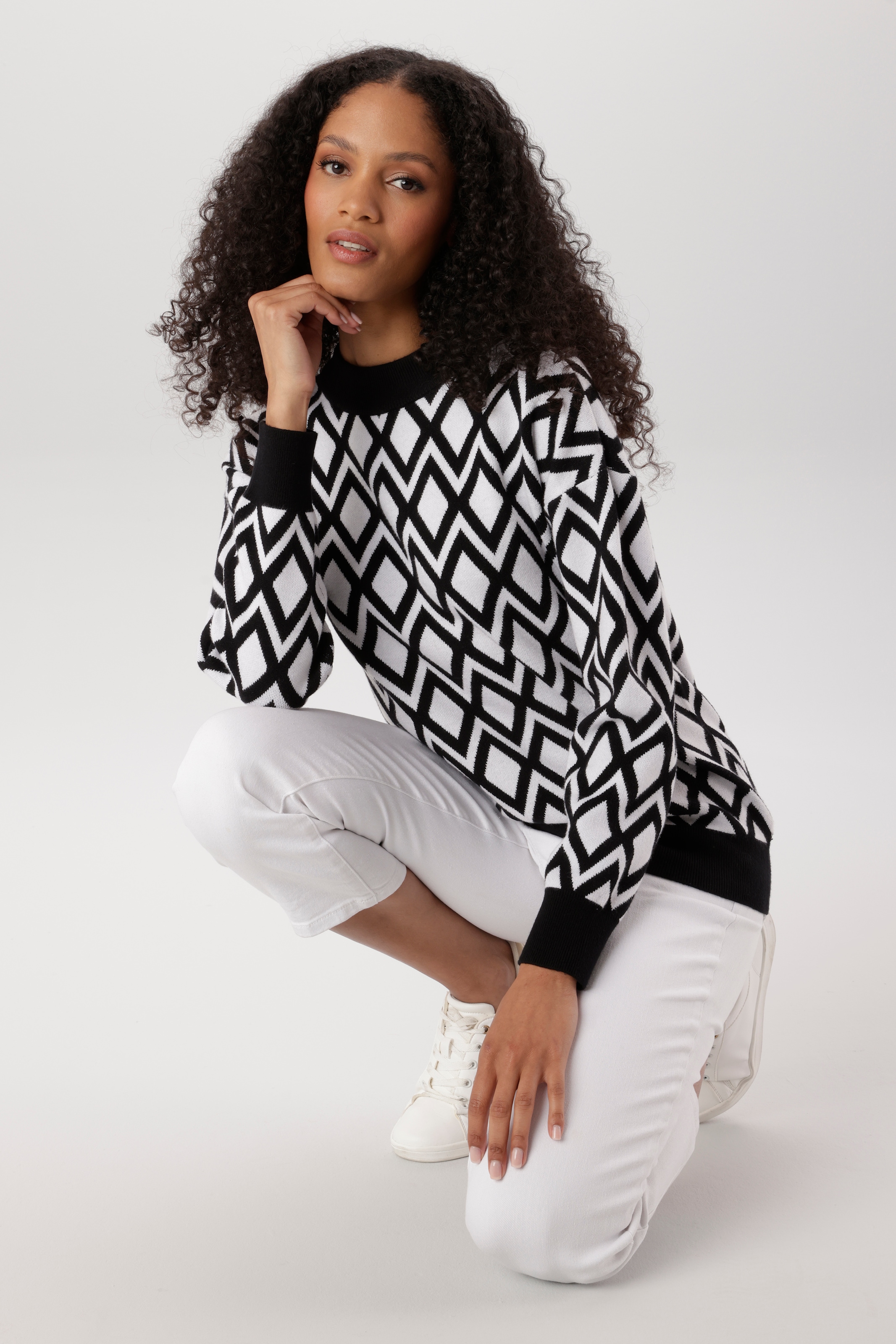 Aniston SELECTED Pull en tricot avec motif losanges géométriques intégral - NOUVELLE COLLECTION