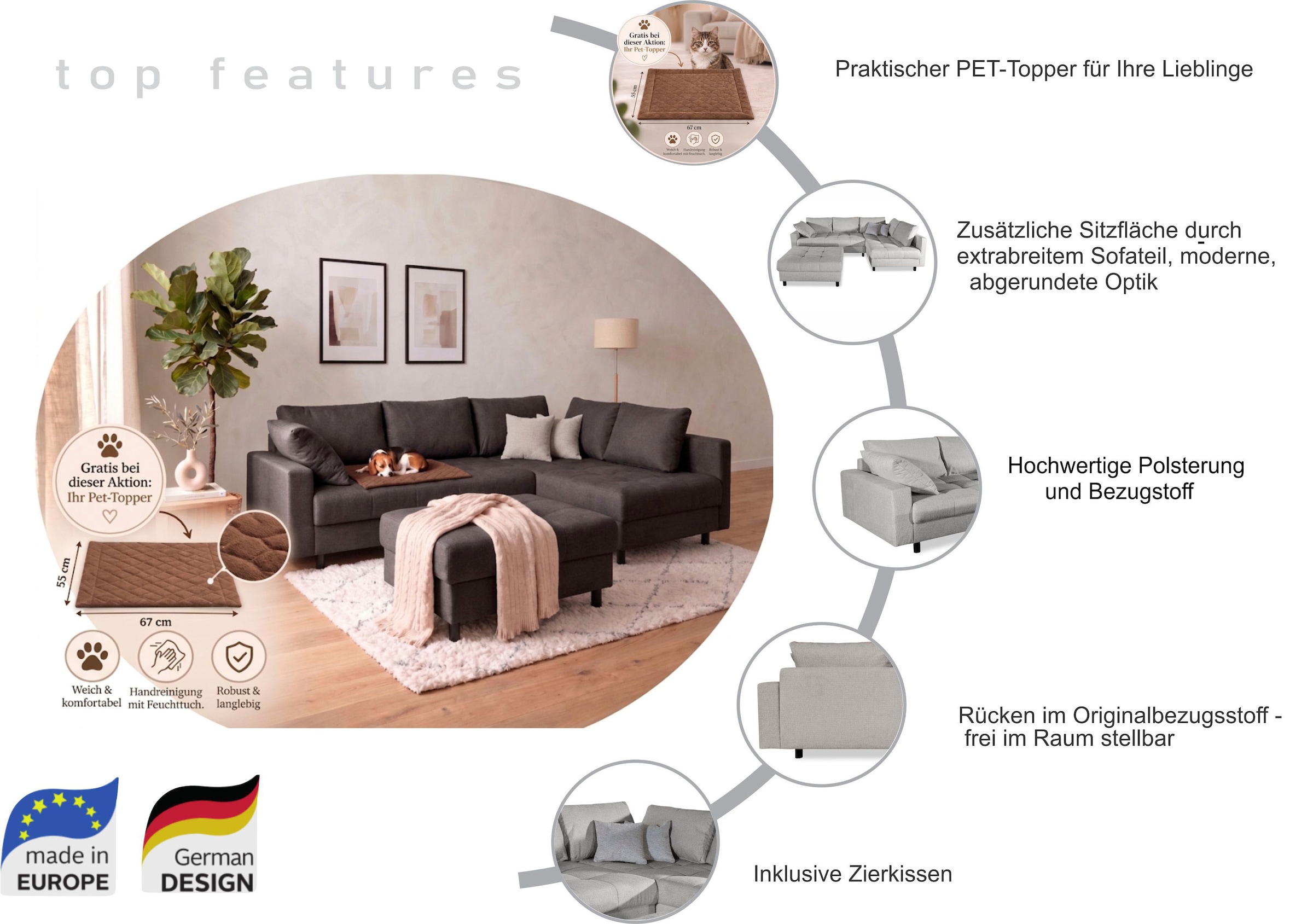 COLLECTION AB Ecksofa »Toni XL L-Form B: 274 cm Set inkl. Hocker, AKTION mit Pet Topper« Set: Sofa & Hocker, 2 Zierkissen, Bonell-Federkern
