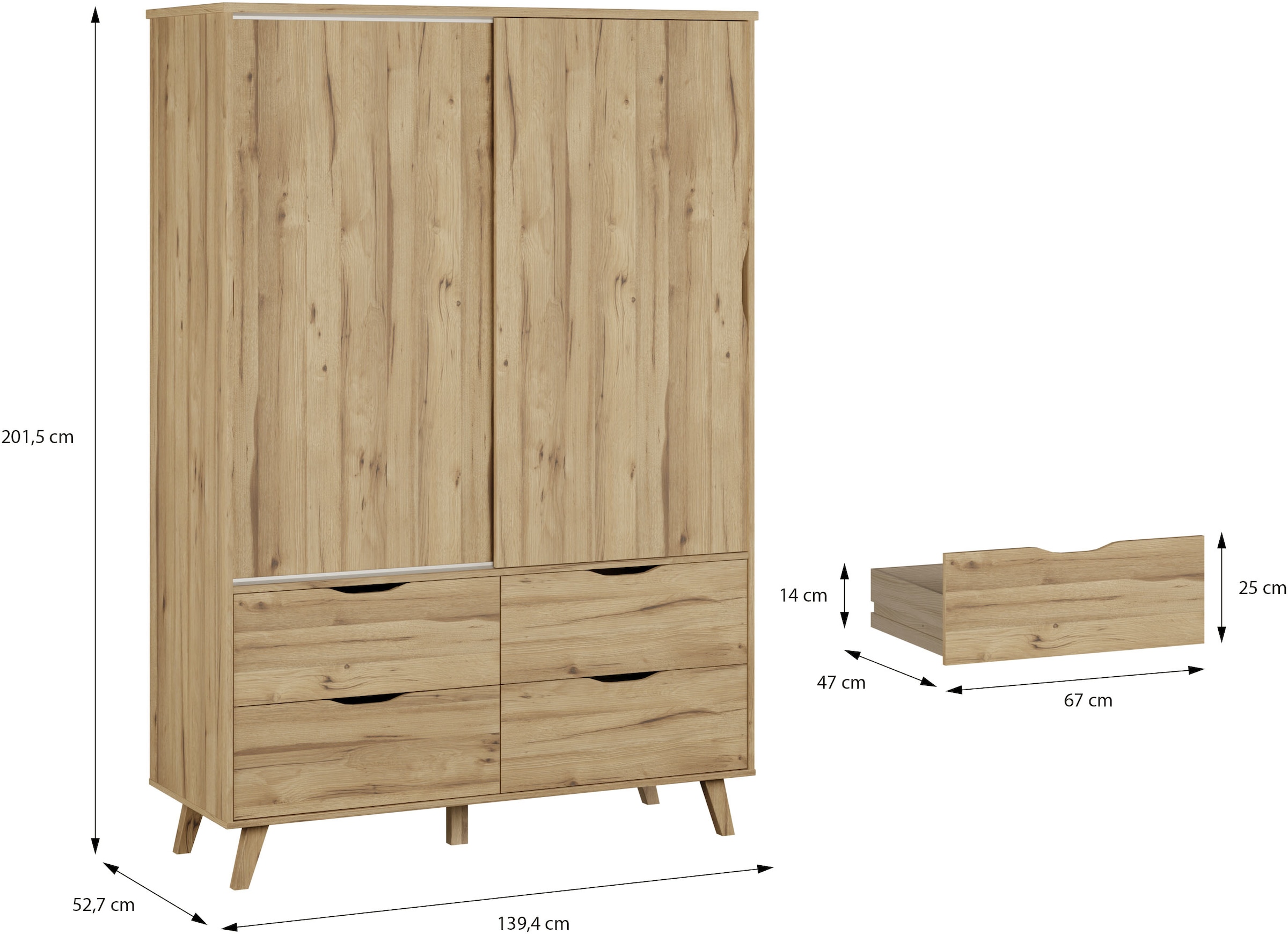FORTE Schiebetürenschrank »Vankka Viel Stauraum, skandinavischer Stil« B/H/T ca.140x200x50cm,  Made in Europe, mit Einlegeböden+Kleiderstange+Schubladen,grifflos