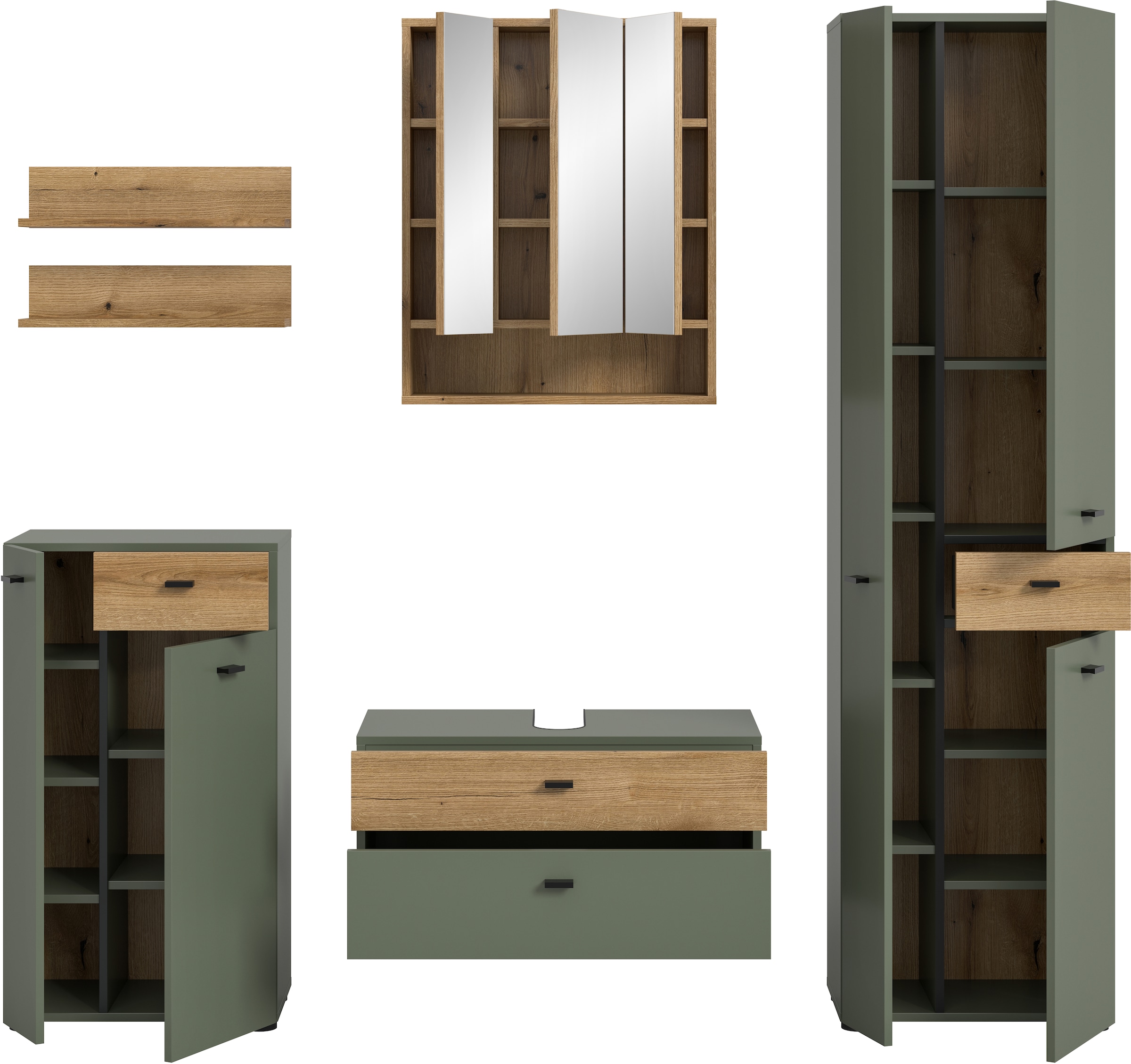 welltime Badmöbel-Set »VANN, 6-teilige moderne Badkombination, individuell stellbar« Midischrank, 2er Set Wandregal, WBU, Spiegelschrank, Hochschrank, 6 Stk. tlg.