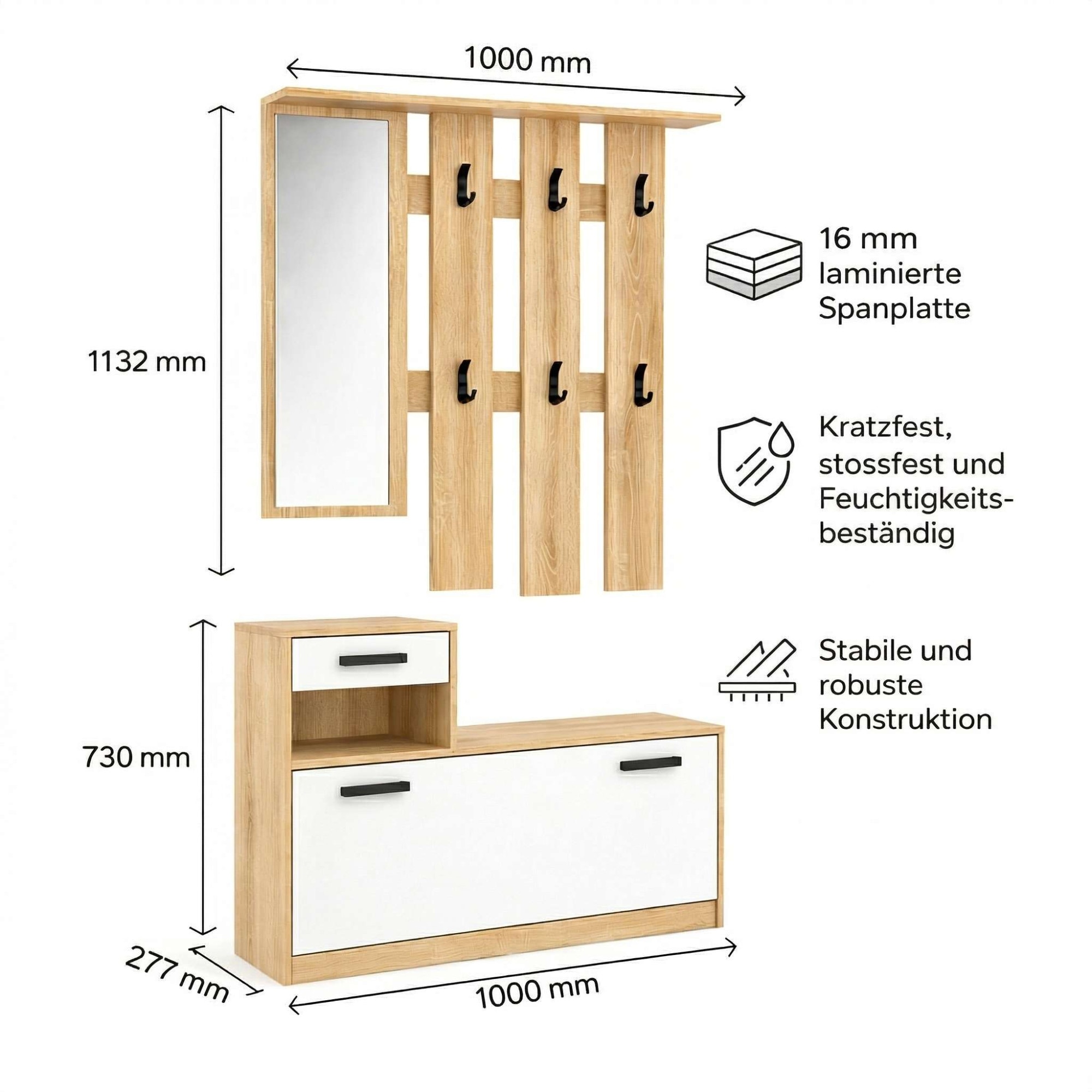 GOODproduct Garderoben-Set »Luna Kommode mit 1 Klappe + 1 Schubkasten, Paneel mit Spiegel 6 Haken« 2 Stk. tlg.