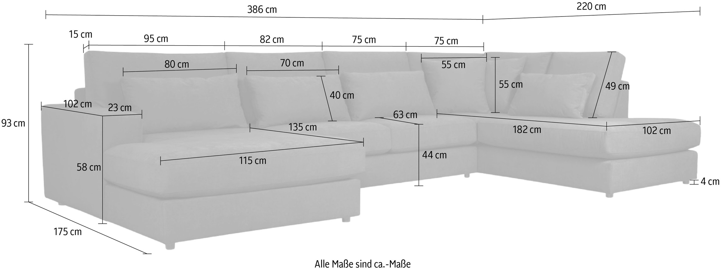 GOODproduct Paysage de salon »Nivette, weiches Chenille« Largeur 386 cm, forme en U, jusqu’au sol, 6 coussins décoratifs inclus