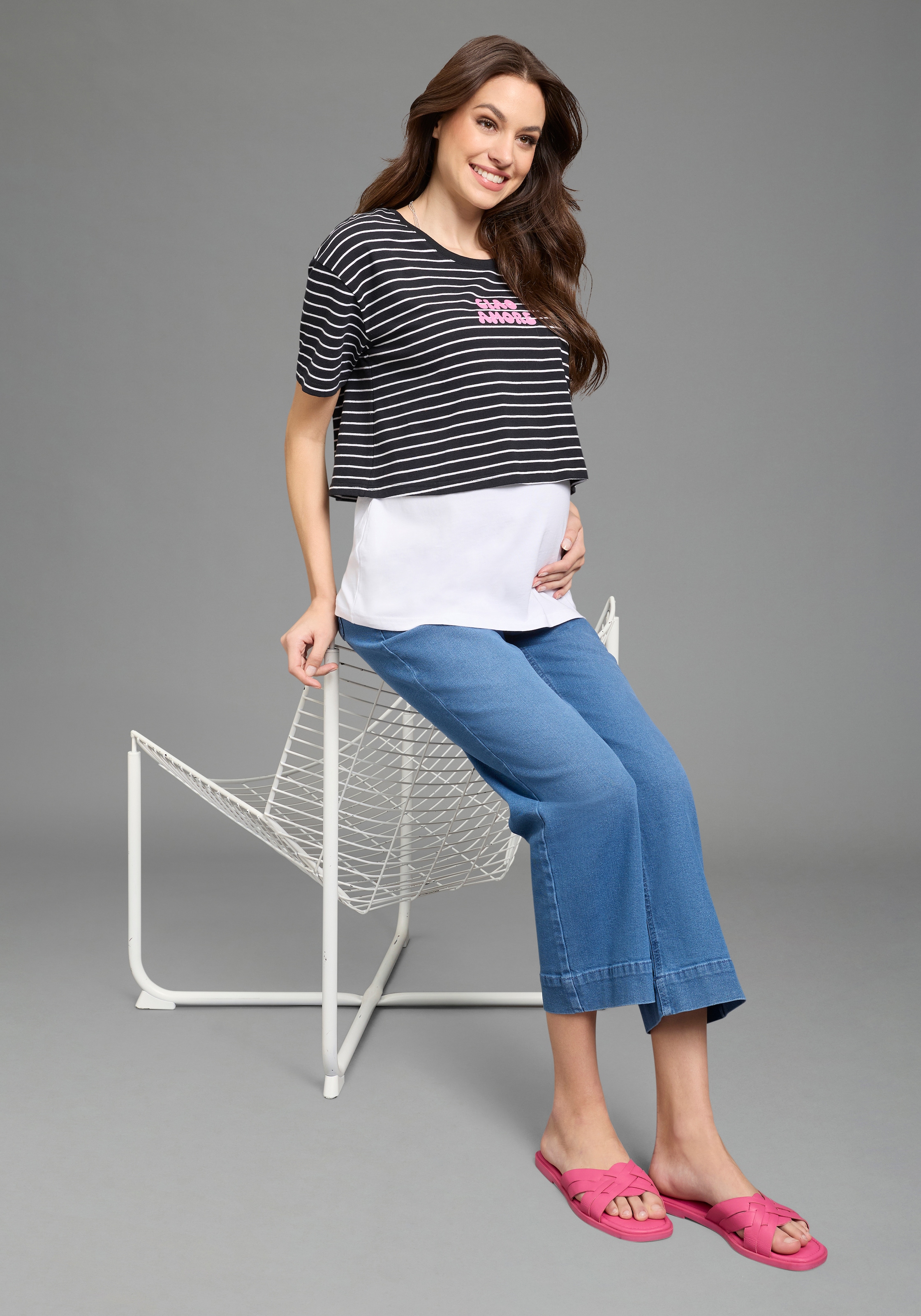 Neun Monate Umstandsshirt »Umstands-T-Shirt, Lagenshirt« mit modischem Ringel-Look, Kurzarm, mit Stillmöglichkeit