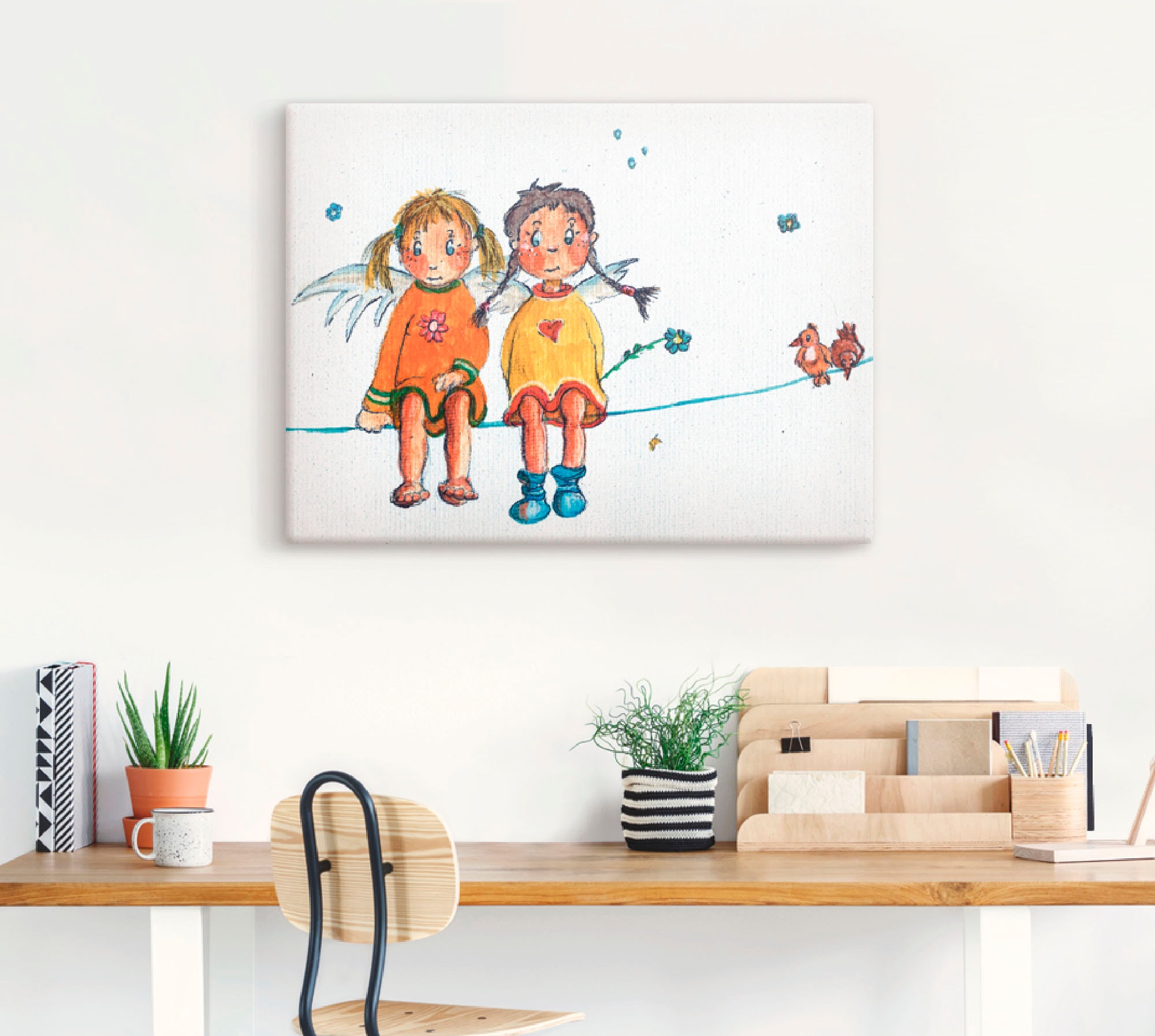 Artland Leinwandbild »Zwei Engelchen sitzen auf Wäscheleine« 1 Stk. tlg. auf Holzrahmen gespannt