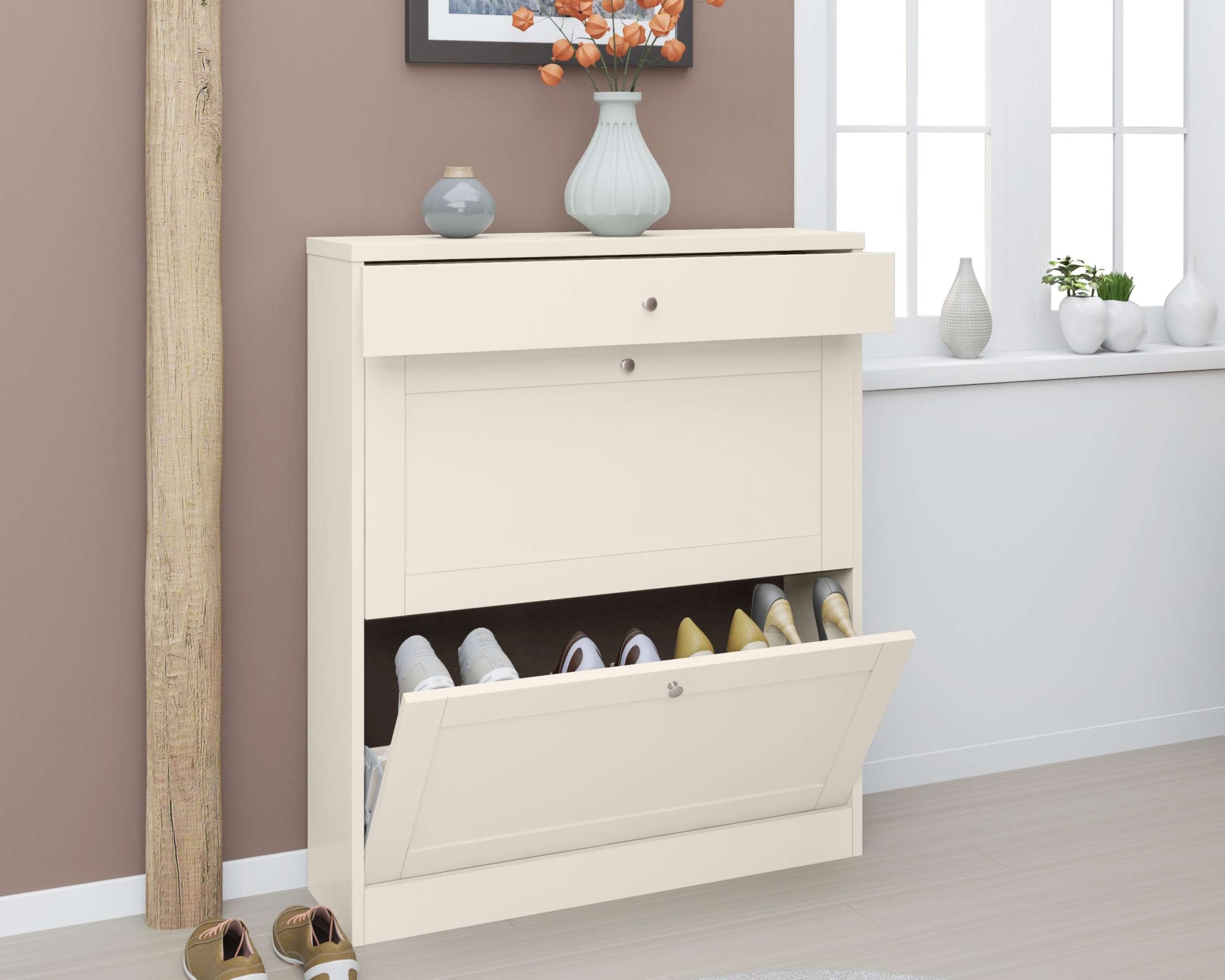 GOODproduct Armoire à chaussures »Heide« Largeur 90cm, avec tiroir, 2 abattants et façade facettée, hauteur 103cm