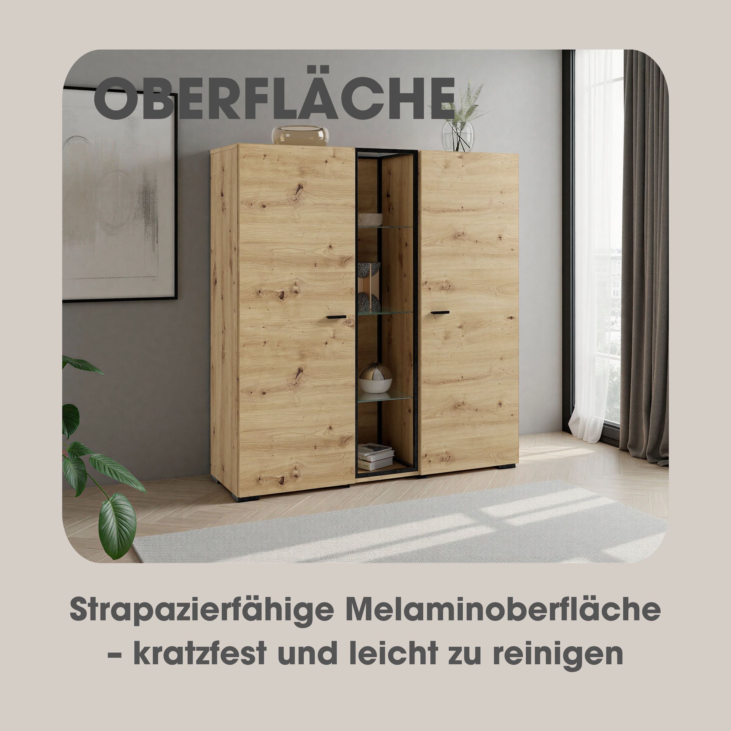 byLIVING Highboard »FRAME« Artisan Eiche, 9 Fächer, offene Fächer mit Glasböden im Metallrahmen
