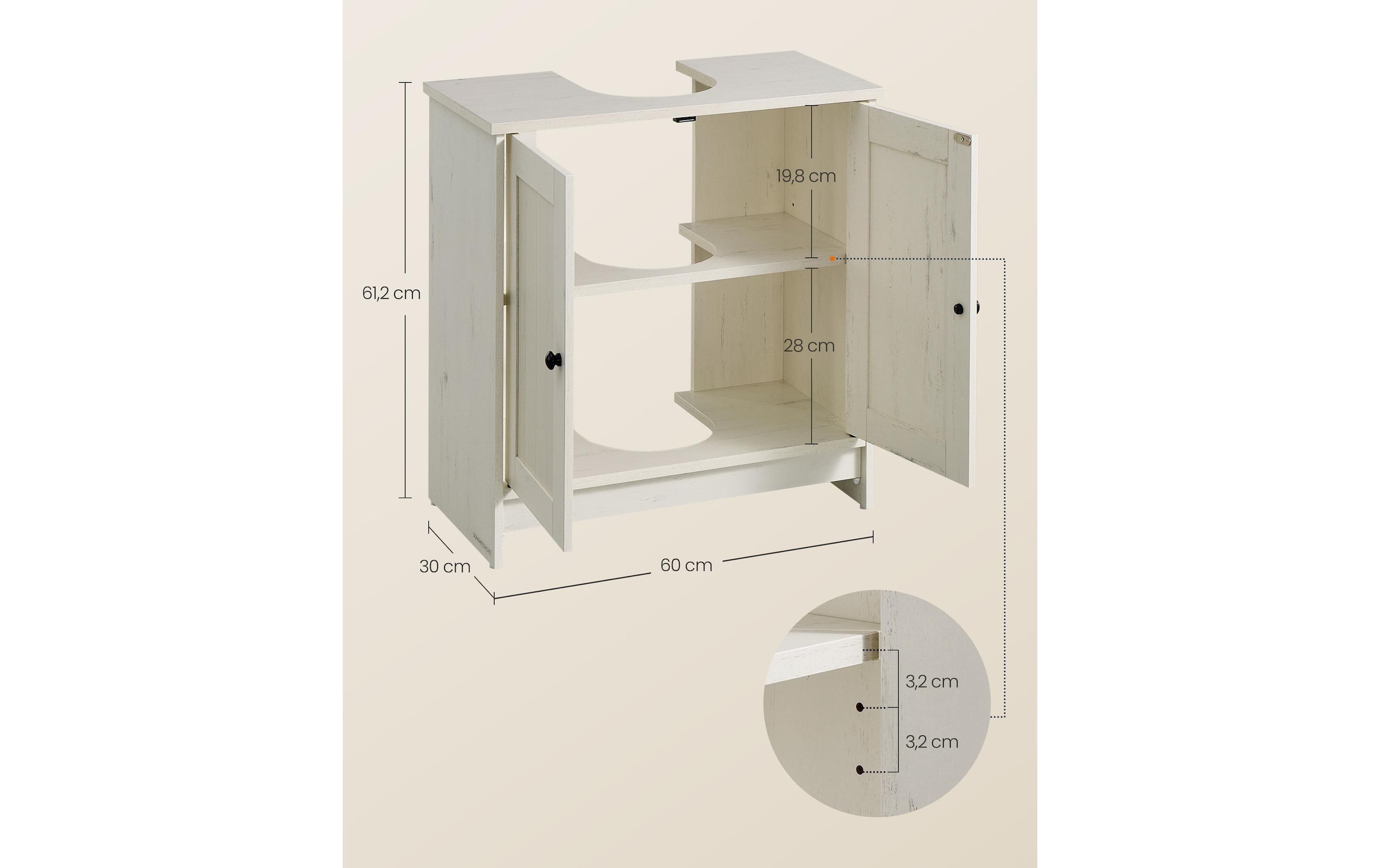 VASAGLE Armoire sous lavabo »60 x 61.2 cm« Moderner Badezimmer-Unterschrank im Landhausstil