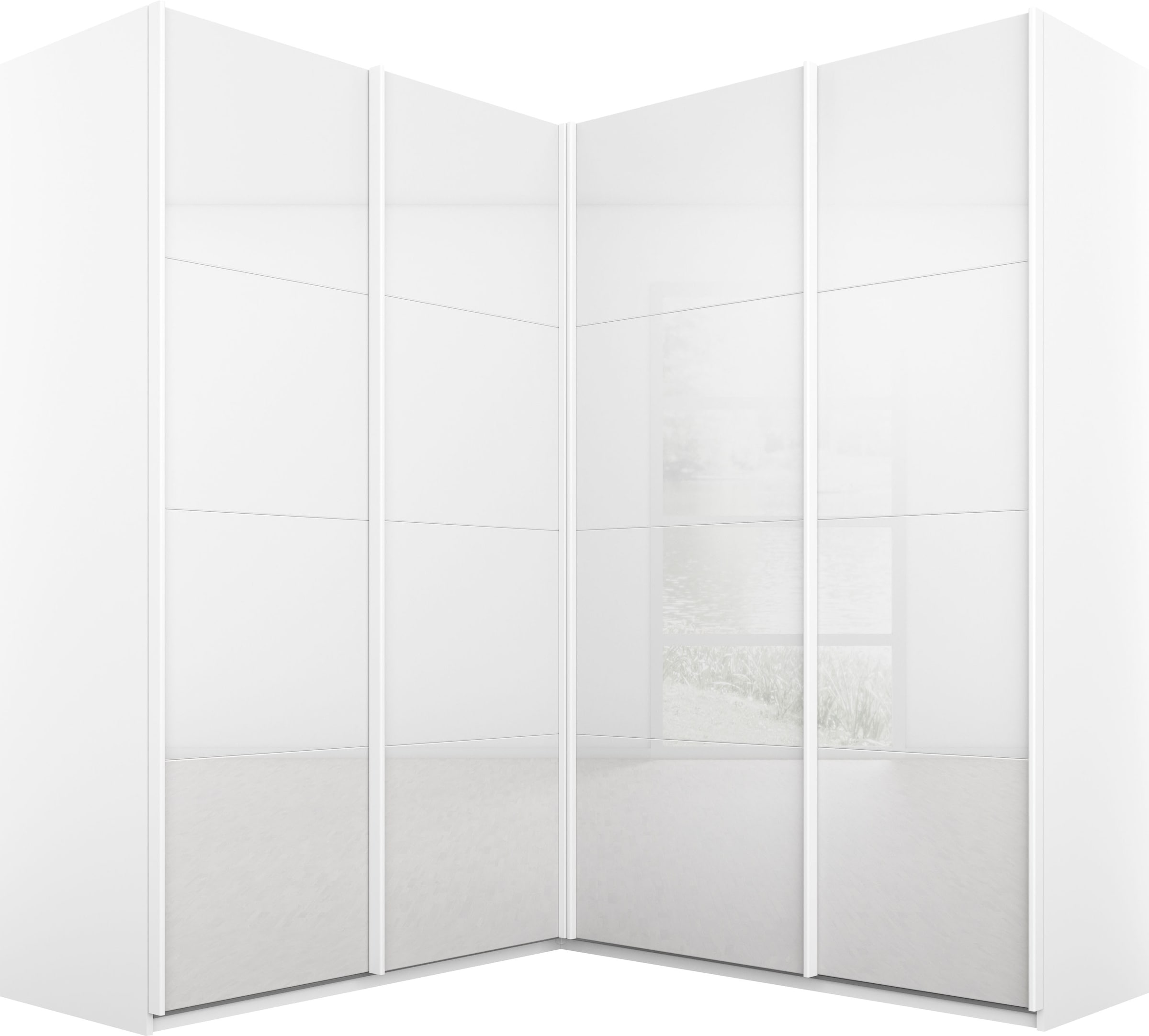 rauch Schwebetürenschrank »Kleiderschrank Garderobe Eckkleiderschrank QUADRA mit edler Glasfront« Mass 181x187 cm, Höhen 210/229 cm, inkl. Soft-Close-Funktion,  extra grosser Eckschrank inkl. Schubladeneinsatz MADE IN GERMANY