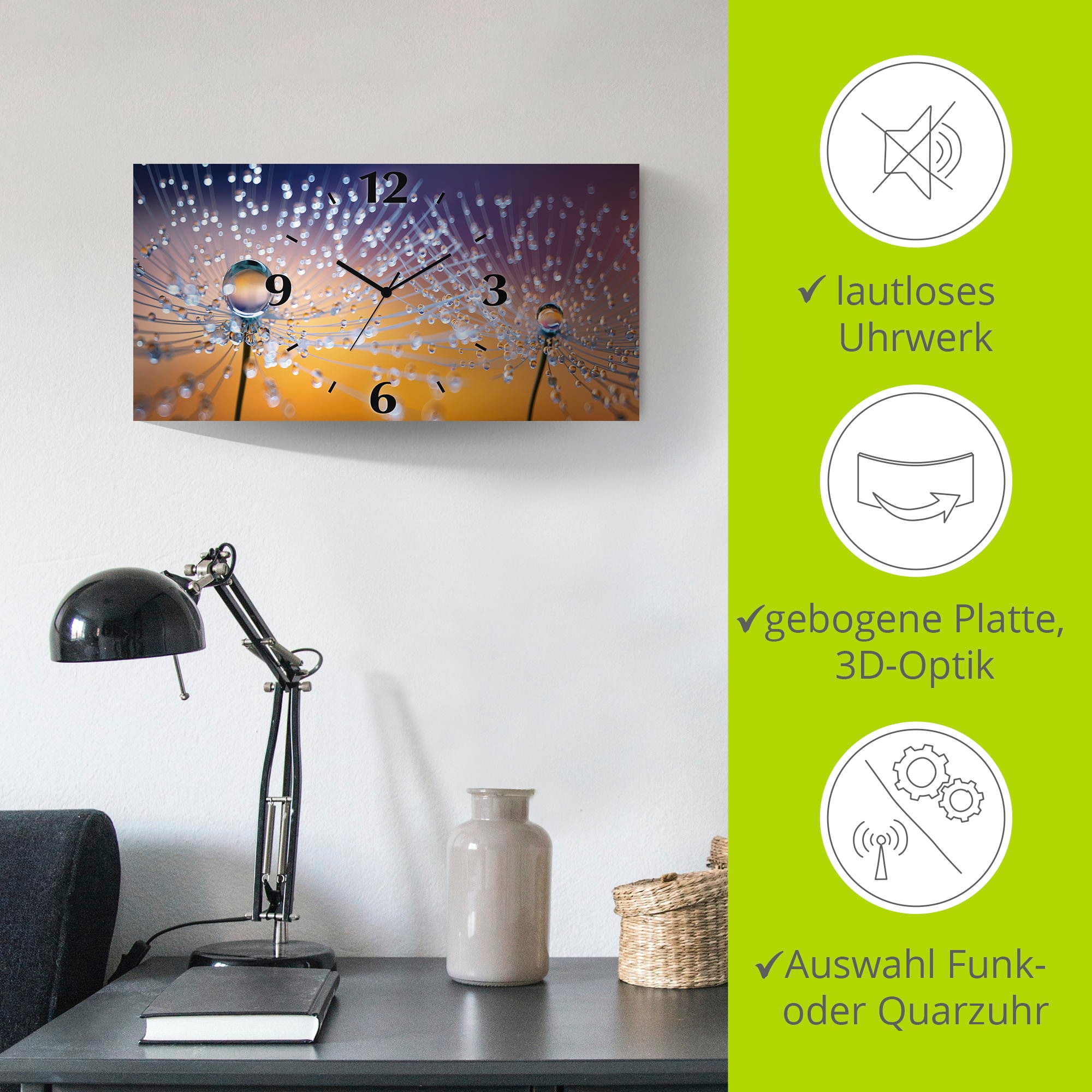 Artland Wanduhr »Pusteblumen Tautropfen« 3D Optik gebogen, mit Quarz- oder Funkuhrwerk, versch. Grössen