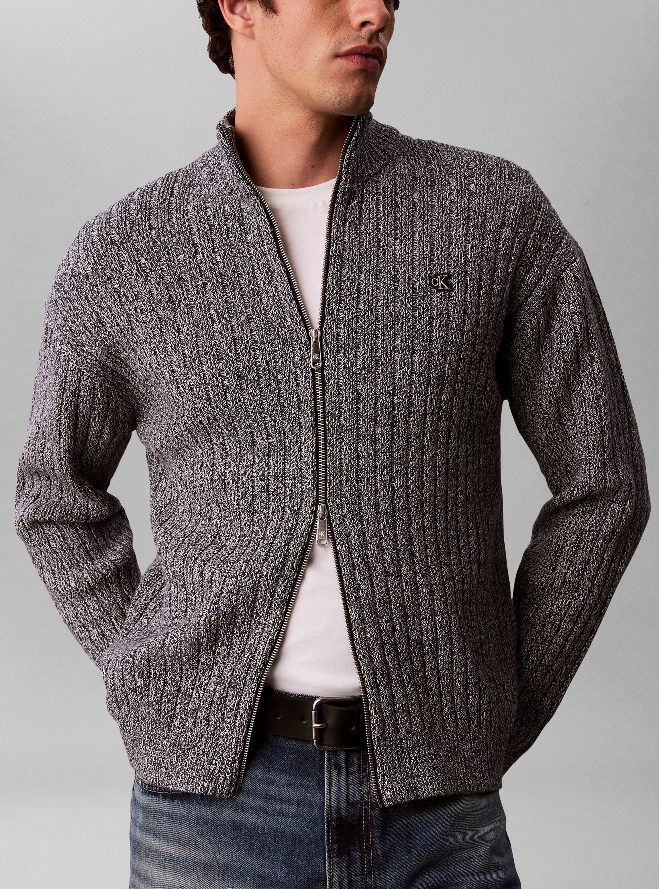 Calvin Klein Rundhalspullover »VERTICAL TEXTURE COTTON« Regular fit mit 2-Wege-Reissverschluss