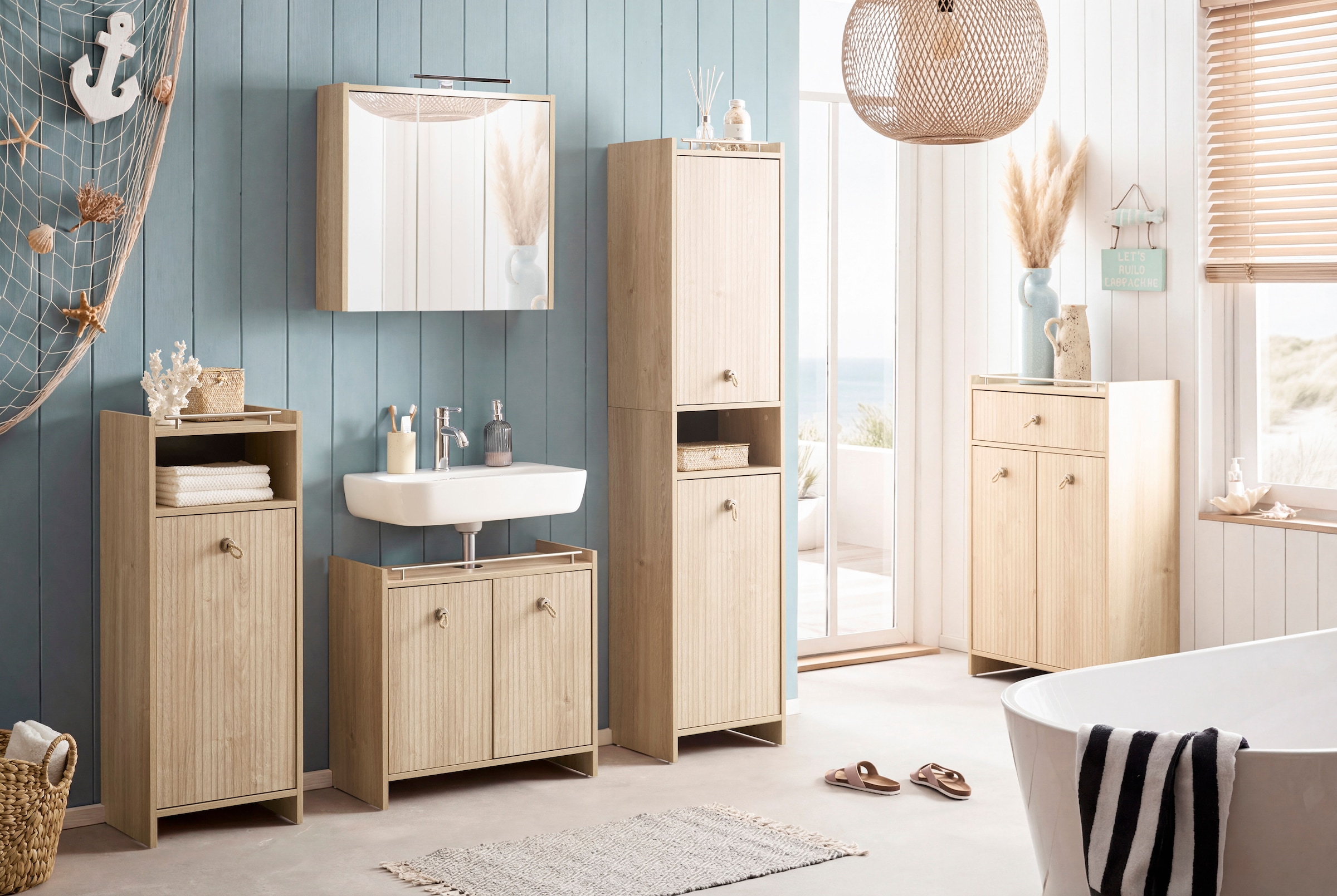 Schildmeyer Waschbeckenunterschrank »SONDERBY, 2 Türen, Breite 65 cm, MADE IN GERMANY« 1 Stk. tlg. Seilgriffe im maritimen Look, MADE IN GERMANY