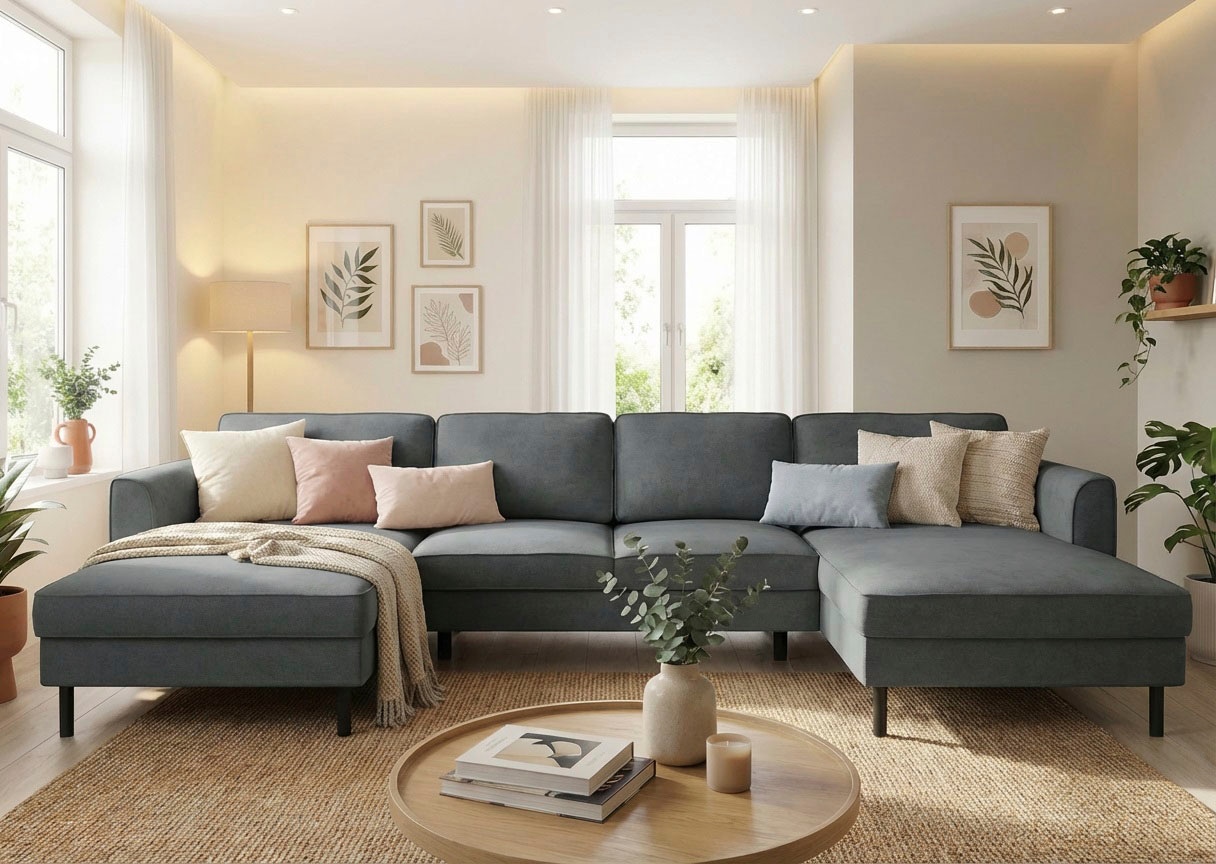 Home affaire Paysage de salon »Booster II, whlw. mit Schlaffunktion & Bettkasten, Fuss schwarz« Canapé en forme de U, largeur 305 cm, en velours côtelé ou structure LEO ou LINO