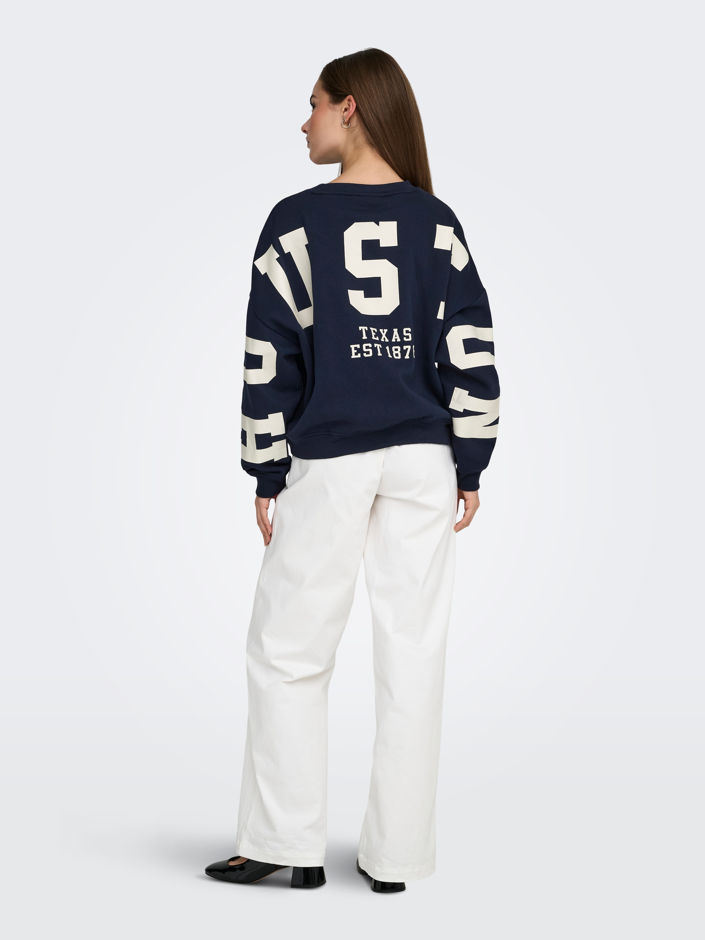 ONLY Sweat-shirt »ONLSWEAT L/S BACK/SLEEVE PRINT SWT NOOS«, mélange de coton, coupe ample
