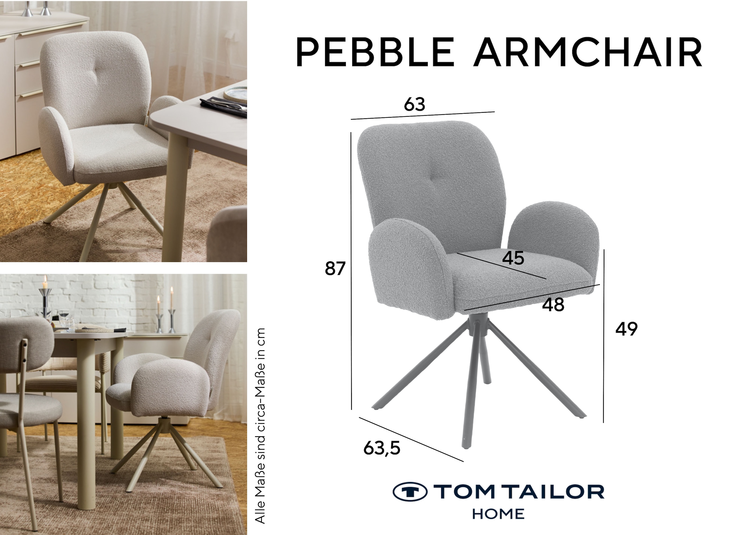TOM TAILOR HOME Armlehnstuhl »PEBBLE ARMCHAIR« (Set) 2 Stk.Esszimmerstuhl, mit Armlehnen, 4-Fussgestell, 140 kg belastbar, drehbar