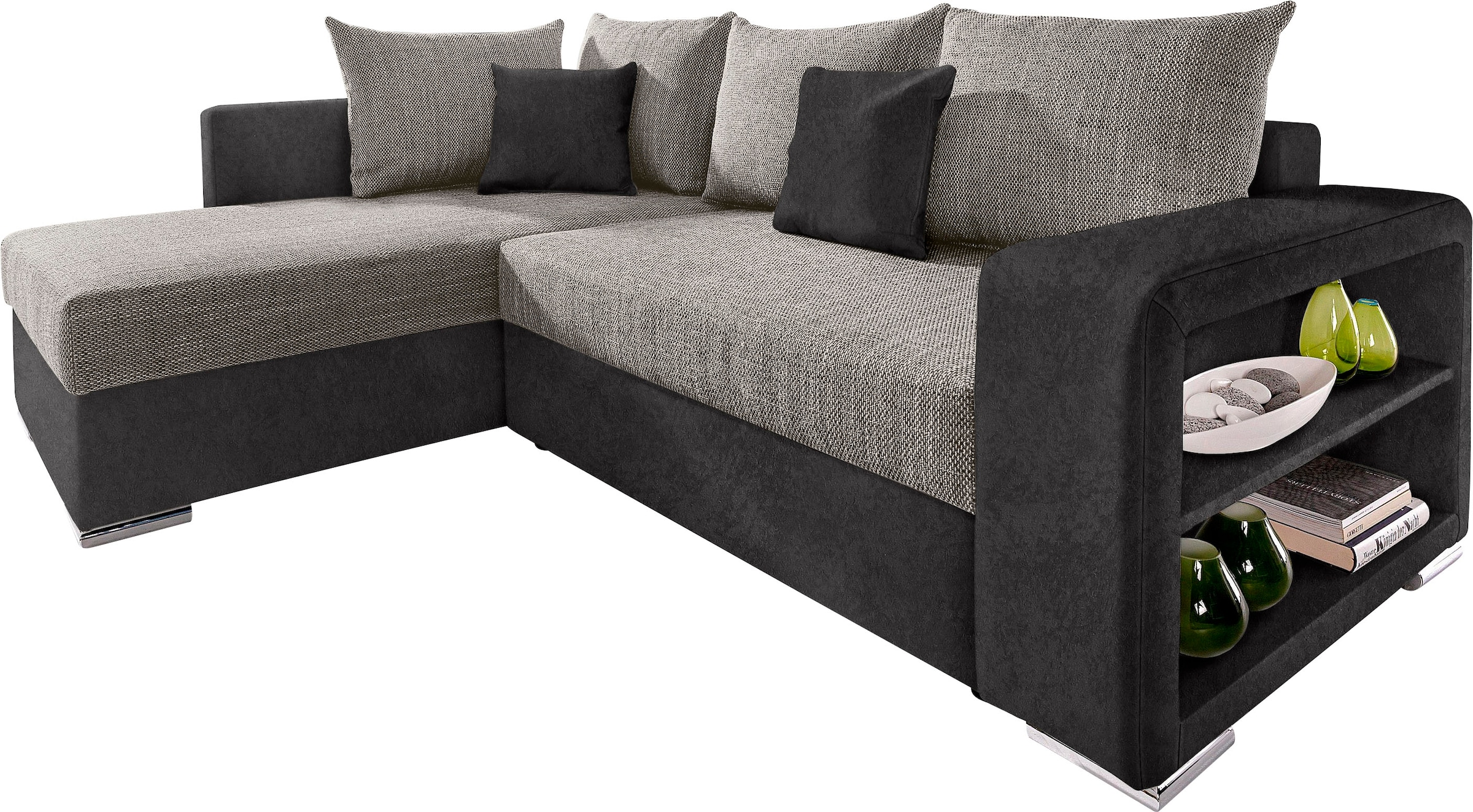 COLLECTION AB Canapé d'angle »John L-Form, B: 226 cm« Bettfunktion, Bettkasten, Regalelement & 2 Zierkissen