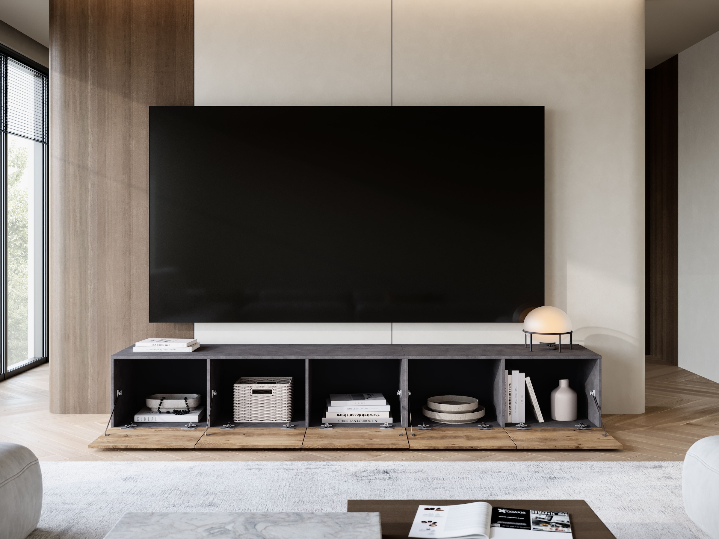 GOODproduct Lowboard »Denver 250 cm für bis zu 98-Zoll TVs - Weltmeisterschaft im XXL Format« Wahlweise mit oder ohne offenes Fach in der Mitte