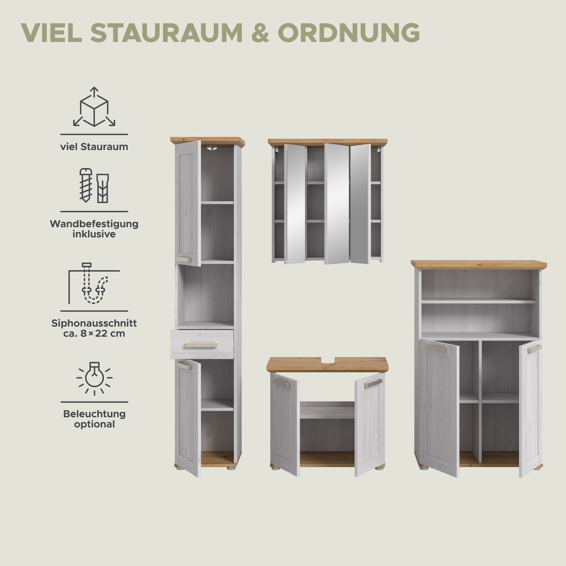 welltime Ensemble de meubles de salle de bain »COSENZA« best. aus: 1Hochschrank, 1Spiegelschrank, 1WBU, 1Midischrank, 4 cuis tlg.
