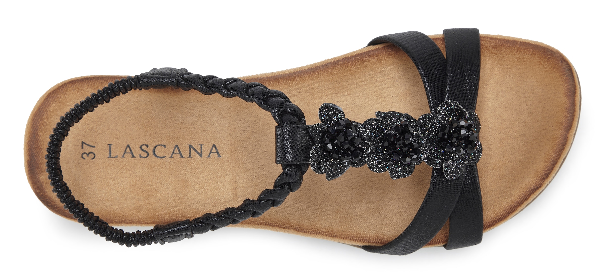 LASCANA Sandale »Sommerschuh, Sandalette, offener Schuh,«  mit eleganten Schmucksteinchen und elastischem Riemchen