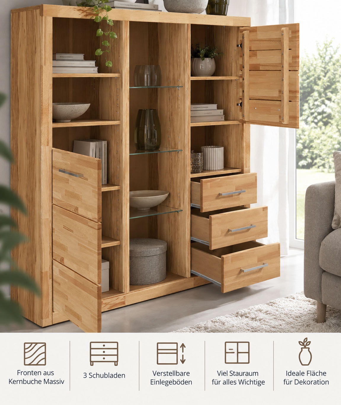 GOODproduct Highboard »Ribe,130cm breit145cm hoch,Fronten Massivholz,12 Fächer« Korpus  aus Holzwerkstoff, Metall Griffe,Böden versetzbar