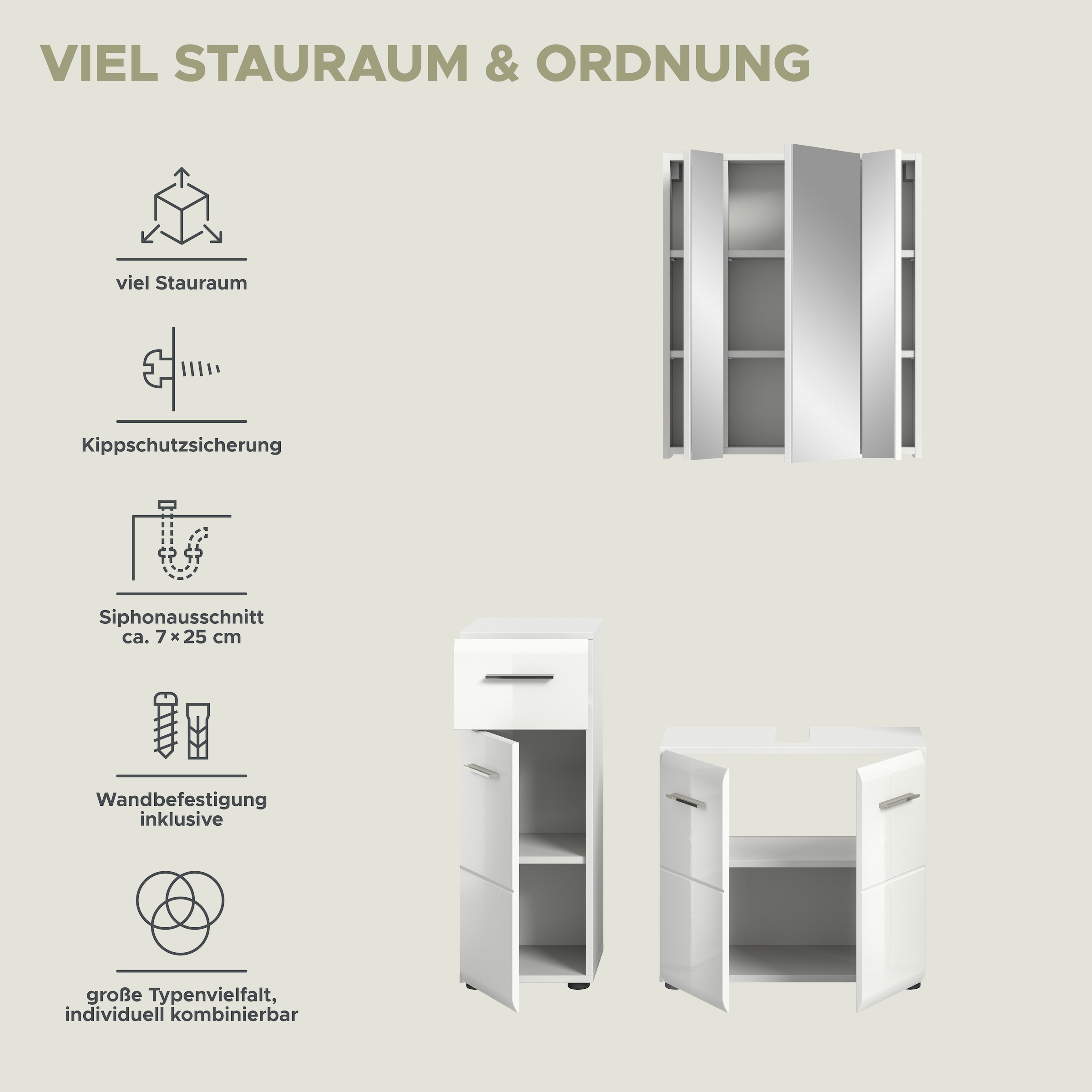 INOSIGN Badmöbel-Set »FLORENZ, TOPSELLER!, 3-teilige Badkombination, hochwertige MDF-Front« best. aus: 1 Unterschrank, 1 Waschbeckenunterschrank, 1 Spiegelschrank, 
