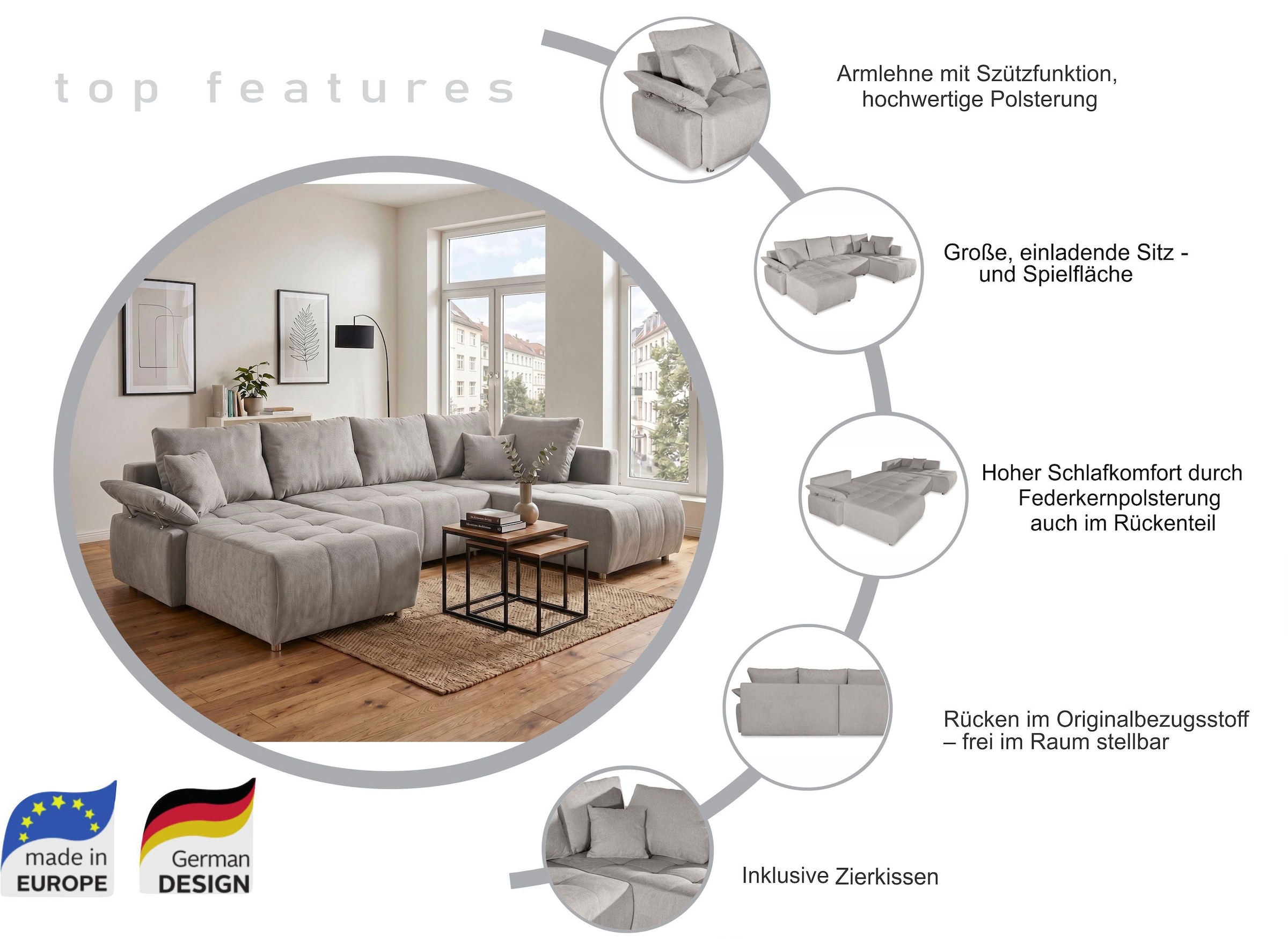 COLLECTION AB Wohnlandschaft »Funtastic U-Form, B:288 cm, Schlaffunktion, Bettkasten, auch in Cord« Schlaffunktion, Bonnelfederkern, Rückenkissen, Armteilverstellung