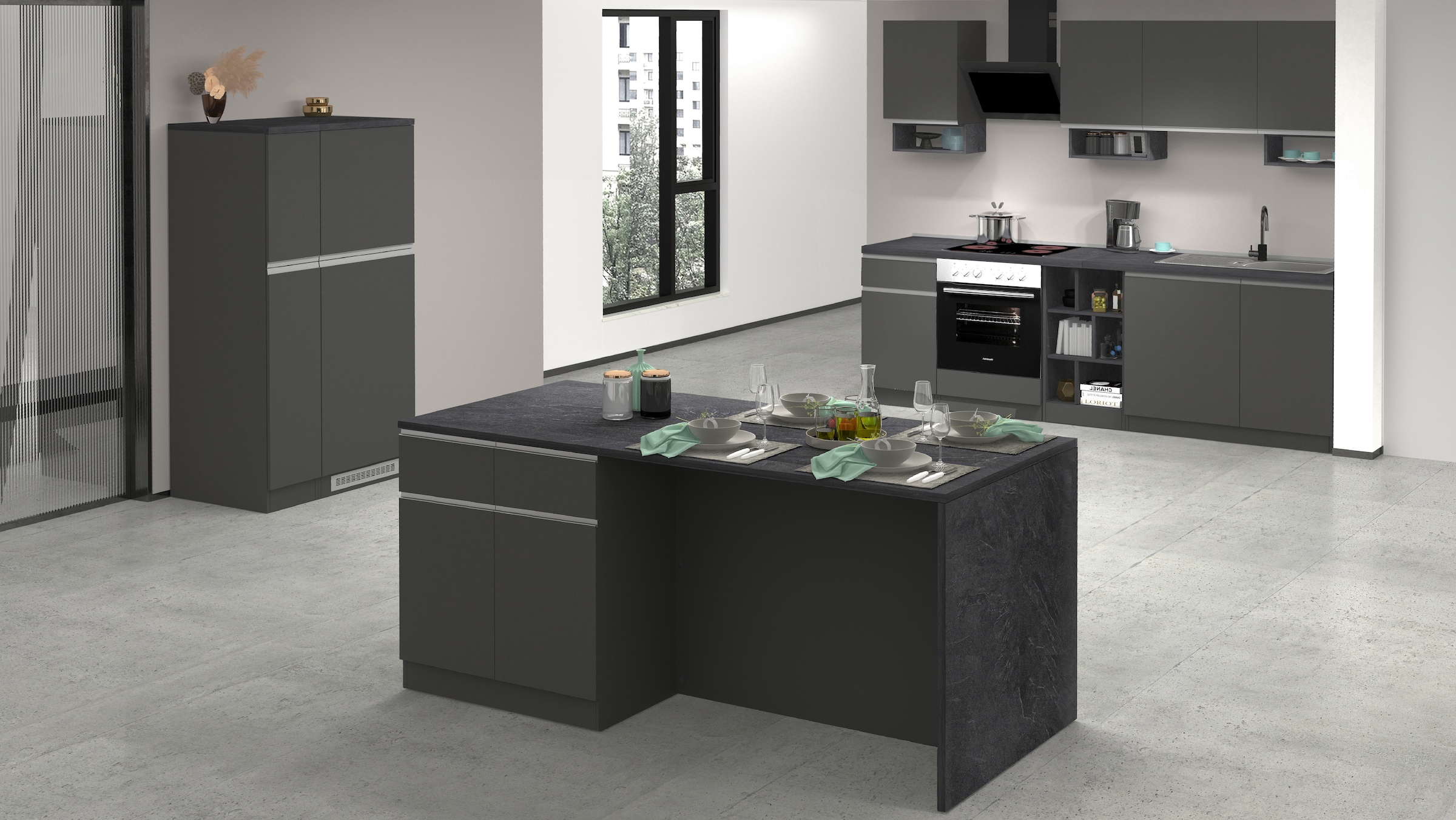 KOCHSTATION Ilot de cuisine »Sole,Kochinsel,Küchenarbeitsblock,Inselküche,Arbeitsinsel« Breite 200 cm mit 4 Türen,4 Schubkästen, Aluminiumgriff