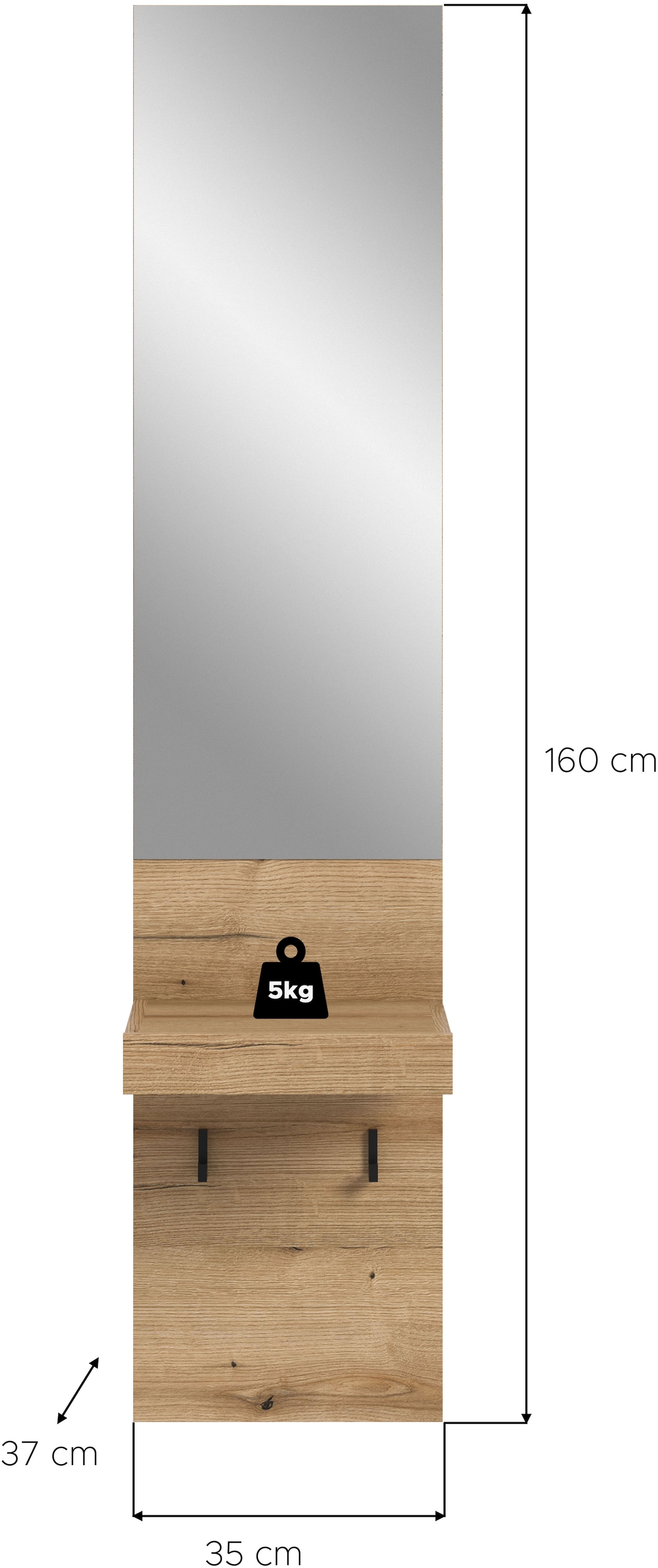 INOSIGN Garderobenspiegel Oran, Spiegel, Evoke Oak, grosse Spiegelfläche, Ablagefläche, Haken,