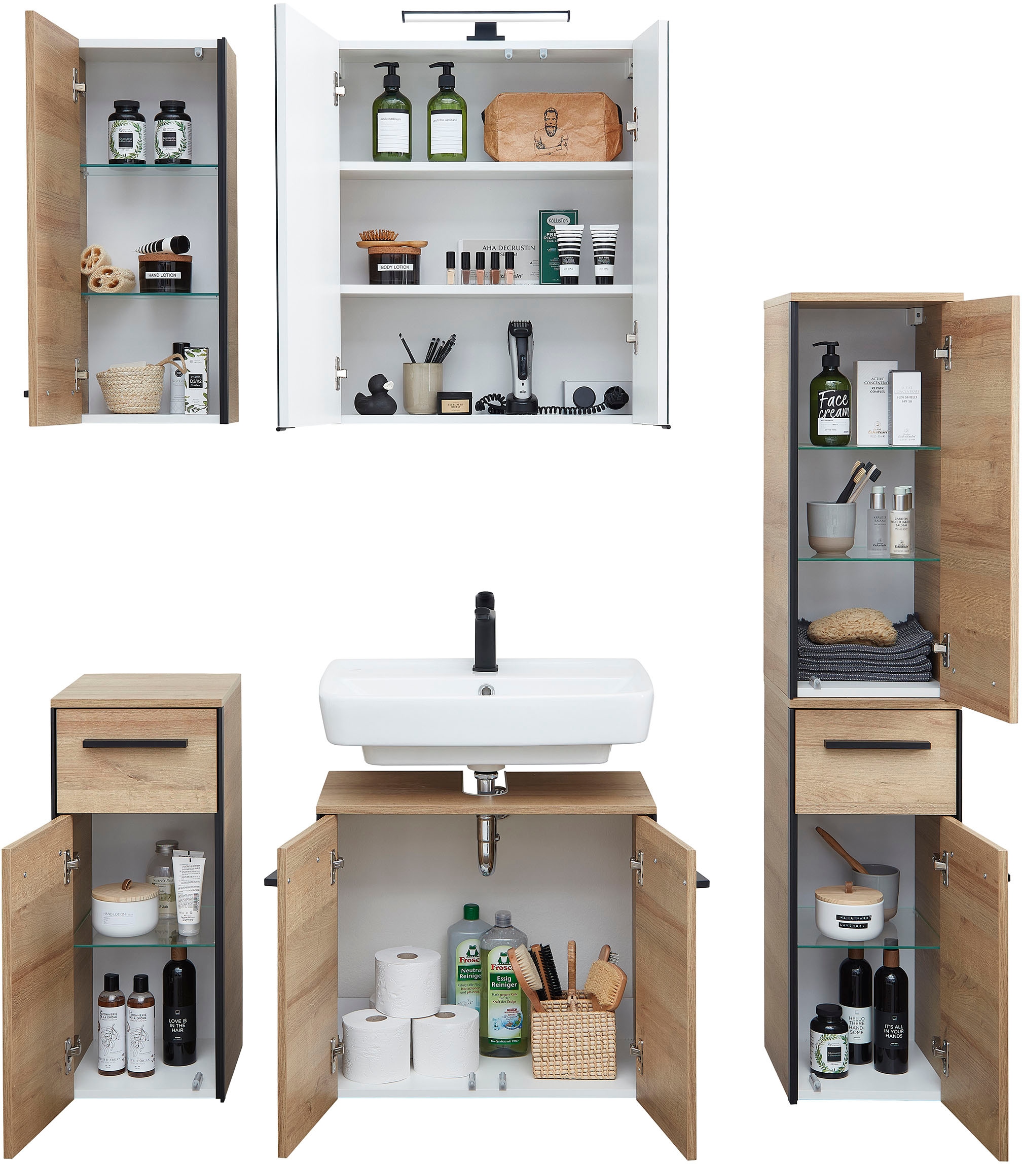 Saphir Ensemble de meubles de salle de bain »Quickset 395 5-teilig, Waschbeckenunterschrank mit LED-Spiegelschrank« 6 cuis tlg.