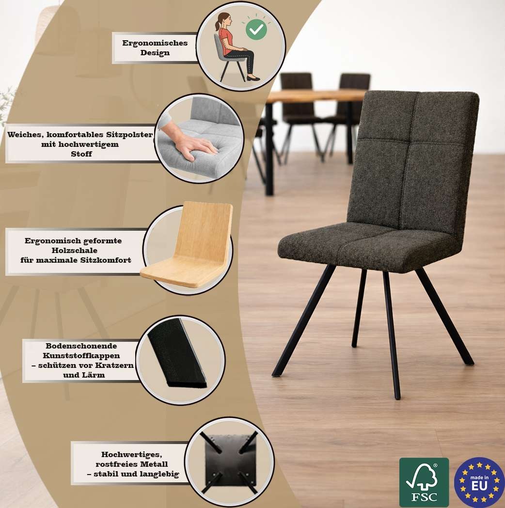 Home affaire Chaise de salle à manger »Mia Essstuhl, Wohnstuhl, Polsterstuhl, 4-Fussstuhl« (Ensemble) 2 cuisavec pieds en métal noir poudré, rembourré, moderne