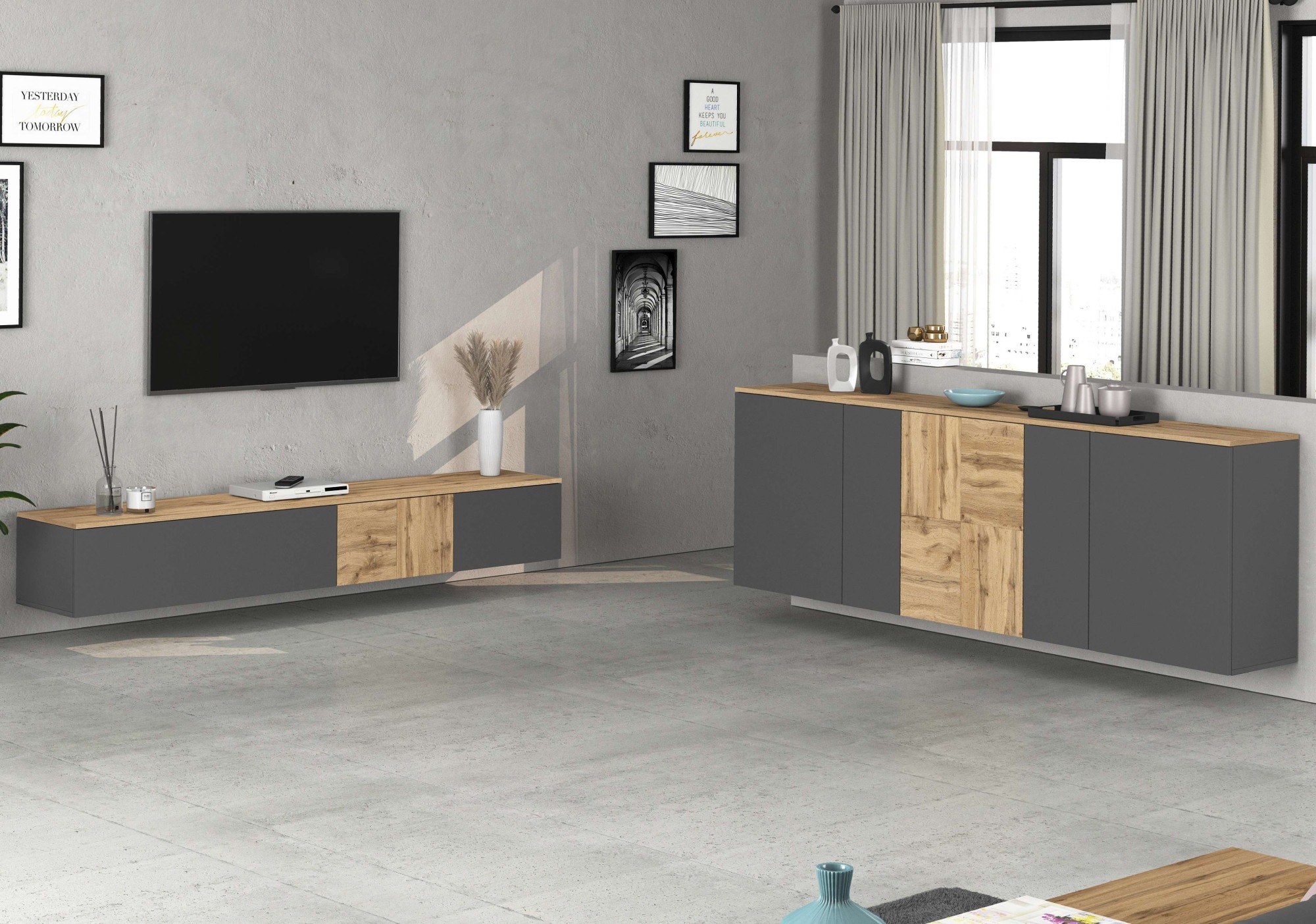 GOODproduct Sideboard »ISEO, Kommode, Schrank, Sideboard, Lowboard, 6 Fächer, Breite 200 cm« 1 cuis tlg. stehend/hängend, 5 Türen, 6 Fächer, Breite 200 cm