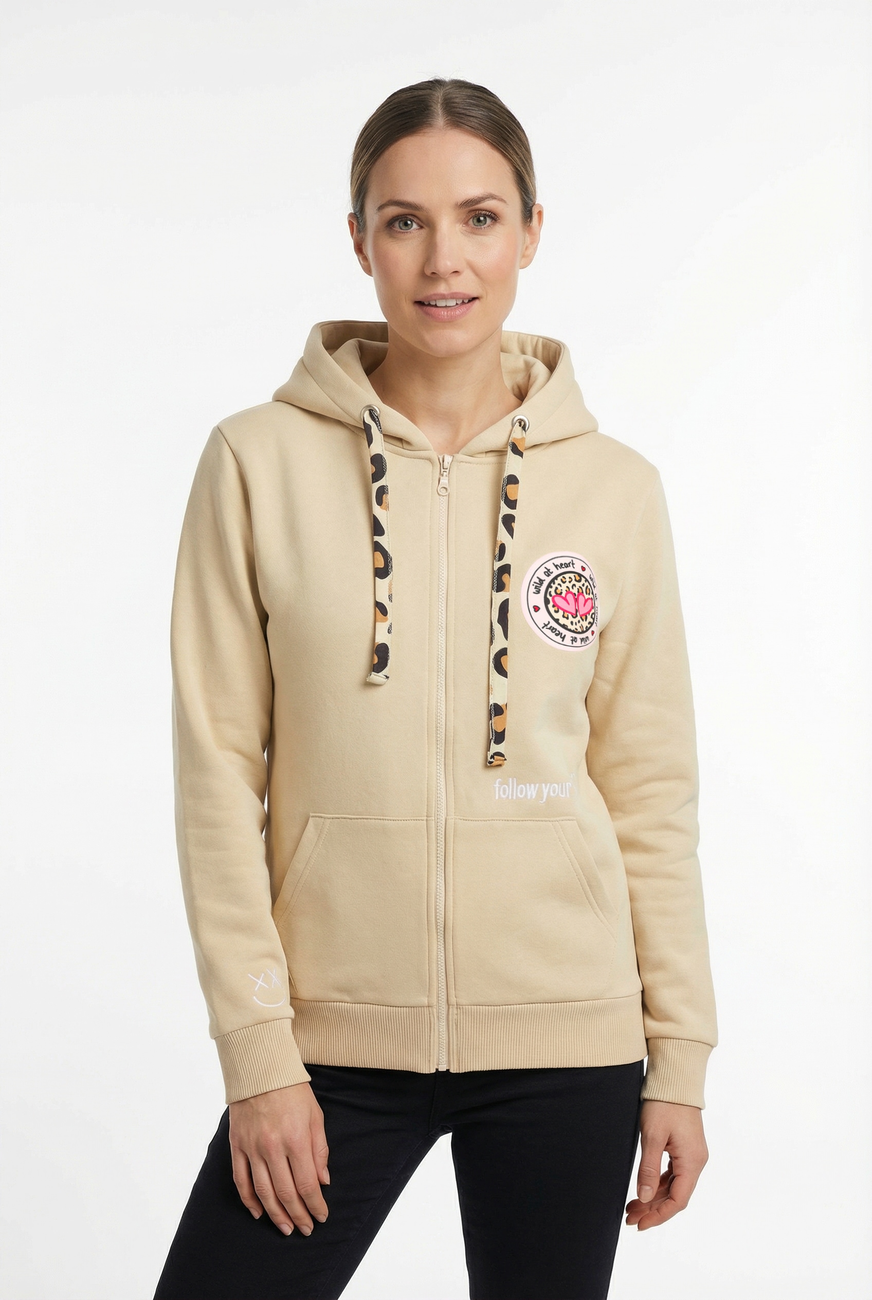 Zwillingsherz Kapuzensweatjacke Leo-Details, Langarm, Reissverschluss, Baumwollmischung