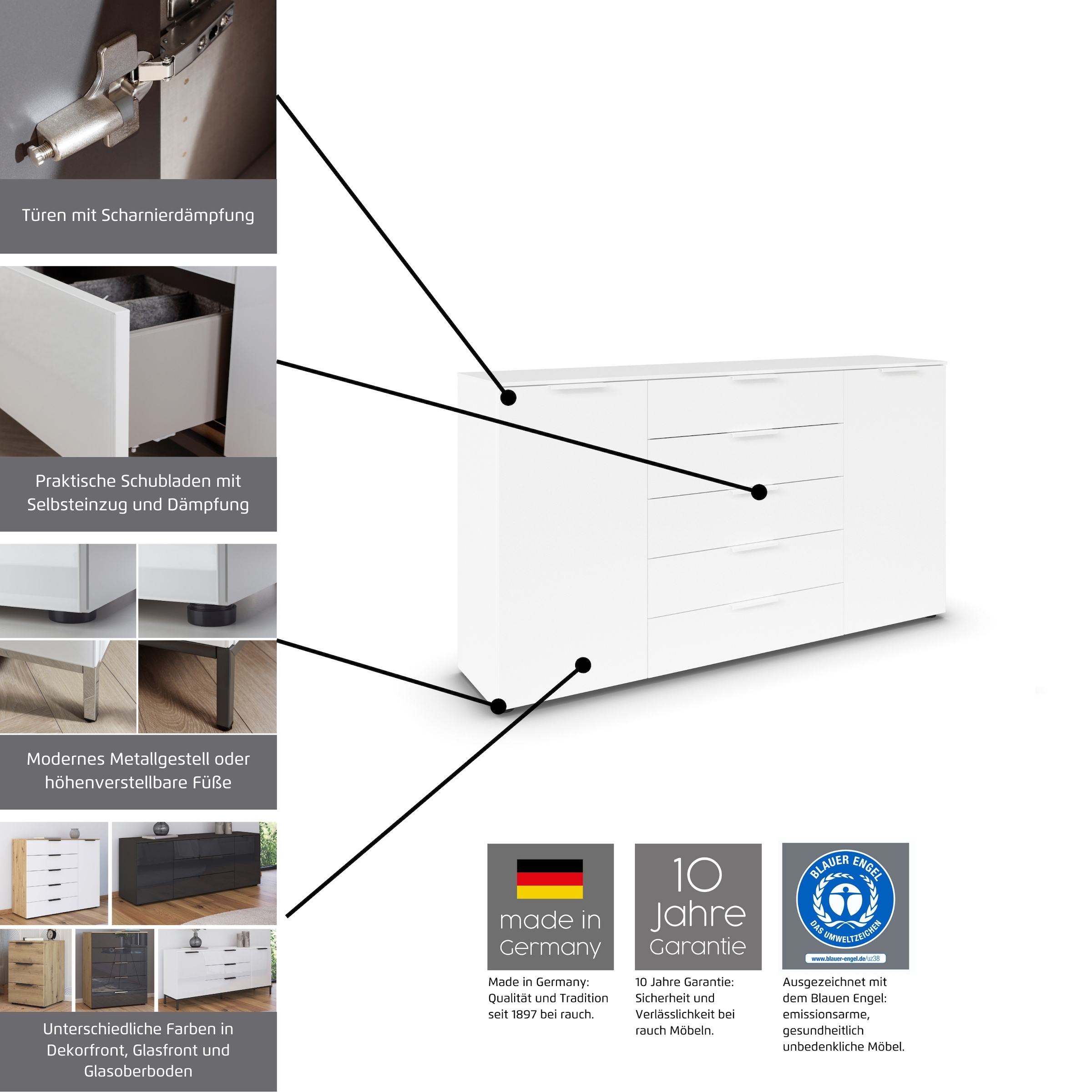 rauch Schubkastenkommode »Kommode Türkommode Sideboard Kombikommode FLIPP mit Glasfront« Breite 160 cm mit 2 Einlegeböden,  2-türig mit 3 Schubladen und Soft-Close-Funktion sowie Glasfront
