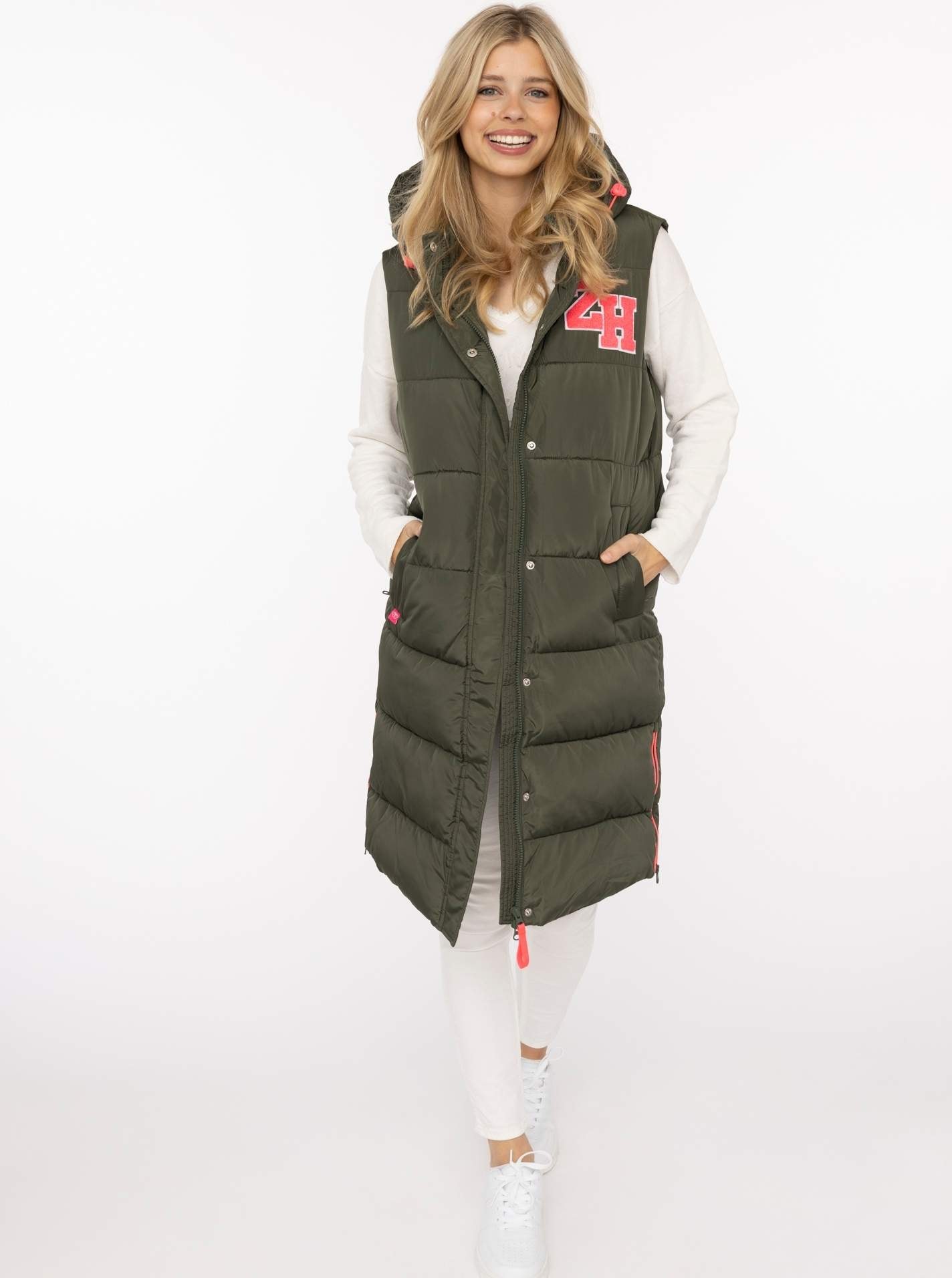 Zwillingsherz Gilet long »„ZH Patch“« avec capuche, fermeture éclair devant et sur les côtés, poches, écussons