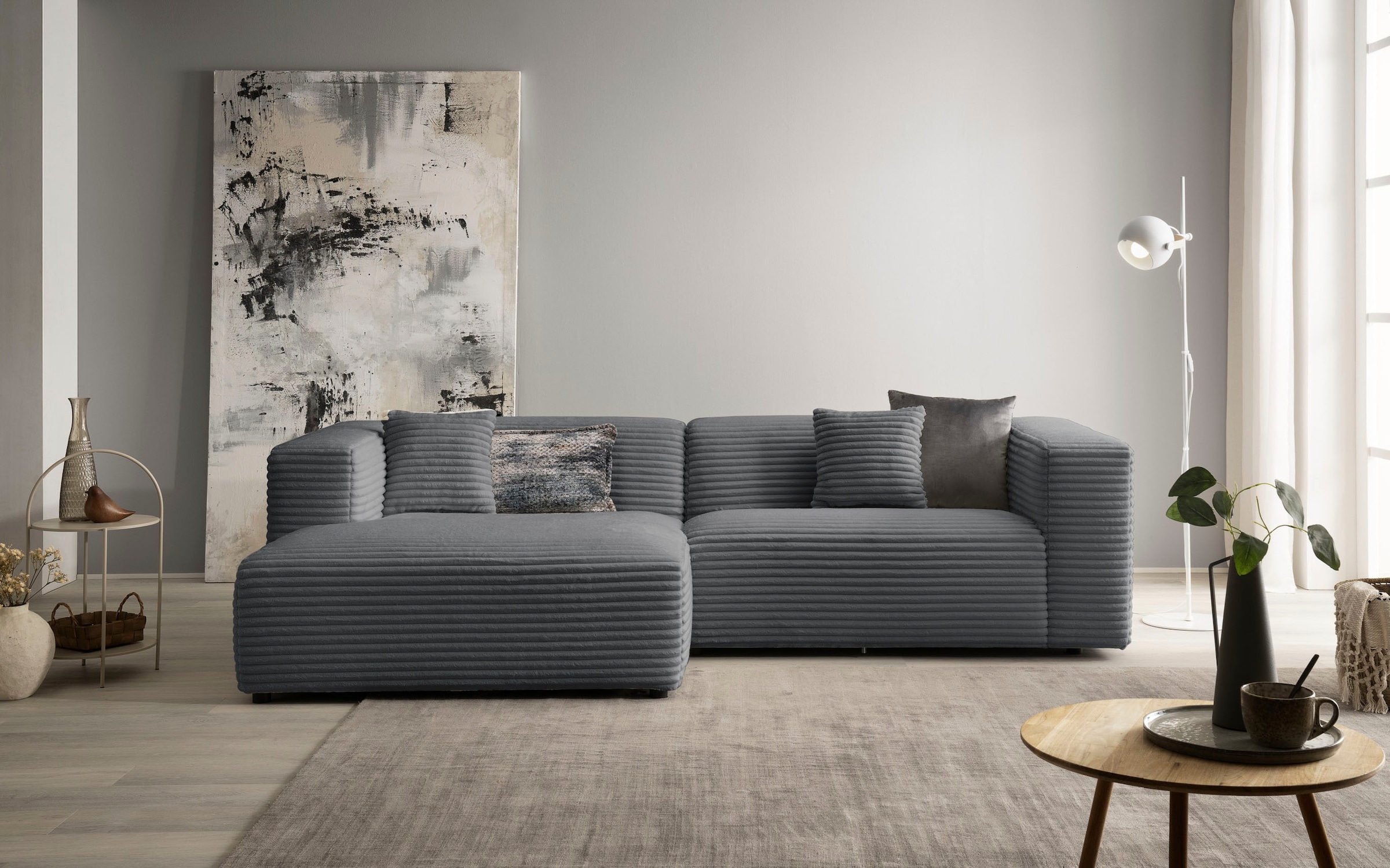 andas Canapé d'angle »BAKELS, L-Form in Cord oder Boucle-Stoff, moderne Couch« wahlweise Recamiere rechts/links, bequemer Sitzkomfort