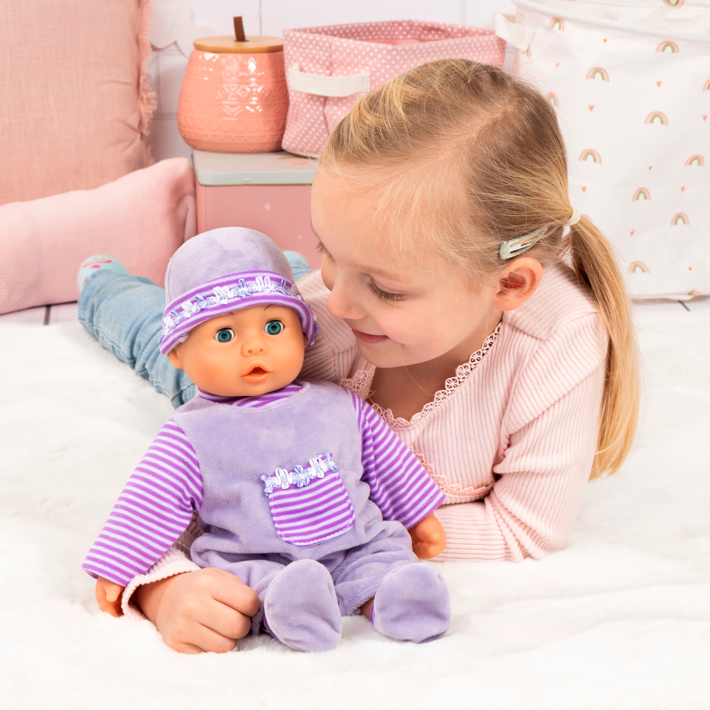 Bayer Babypuppe »First Words Baby, 38 cm, lila« mit Schlafaugen und Babygeräuschen