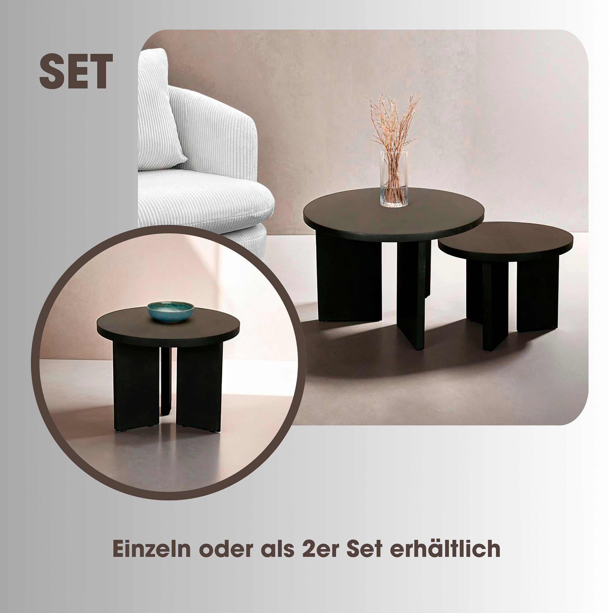byLIVING Couchtisch »Round« 1 Stk. tlg. aus 2,5cm starkem Massivholz schwarz, einzeln oder im Set stellbar
