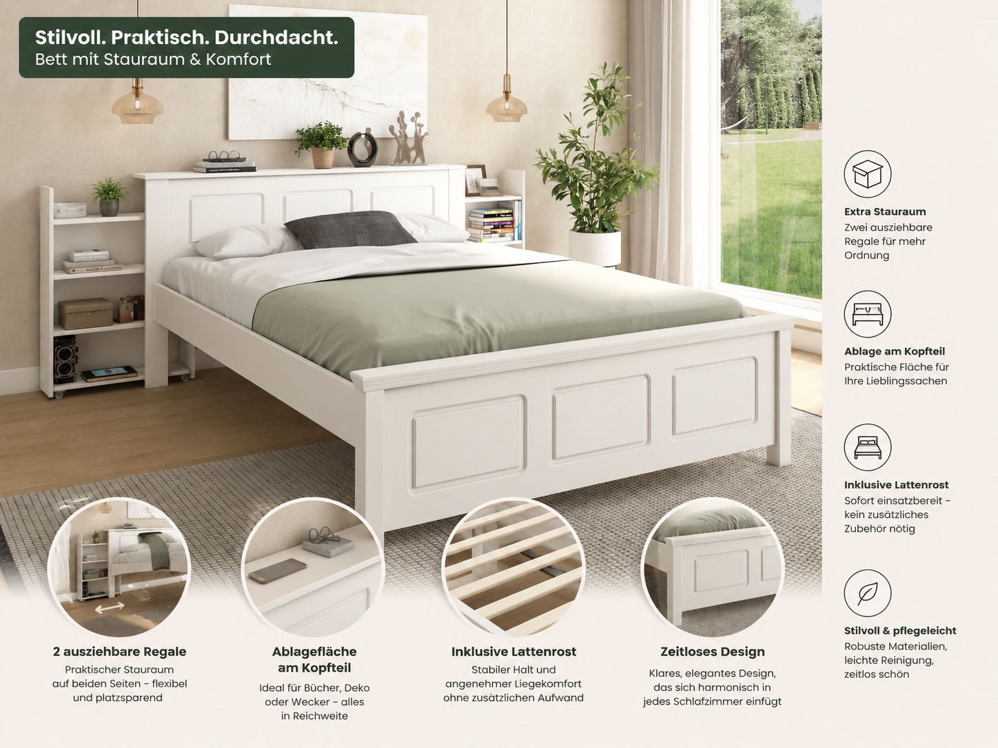 GOODproduct Bett »Malme, mit unsichtbaren, herausziehbaren Regalen, maximaler Stauraum« Liegefläche 140x200cm,  inklusive Lattenrost, Made in EU, FSC® zertifiziertes Massivholz